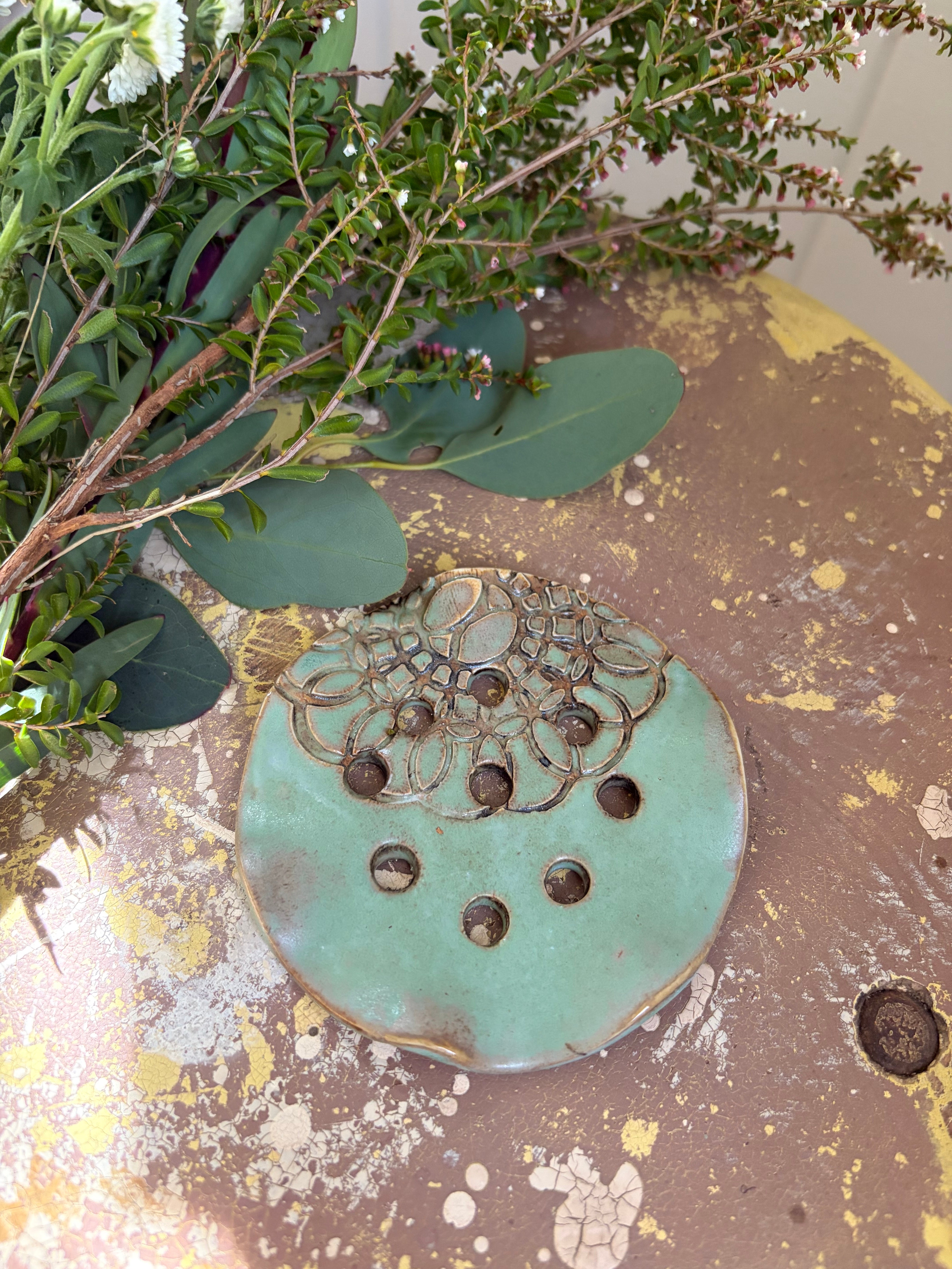 Pottery Flower Frog - Turquoise