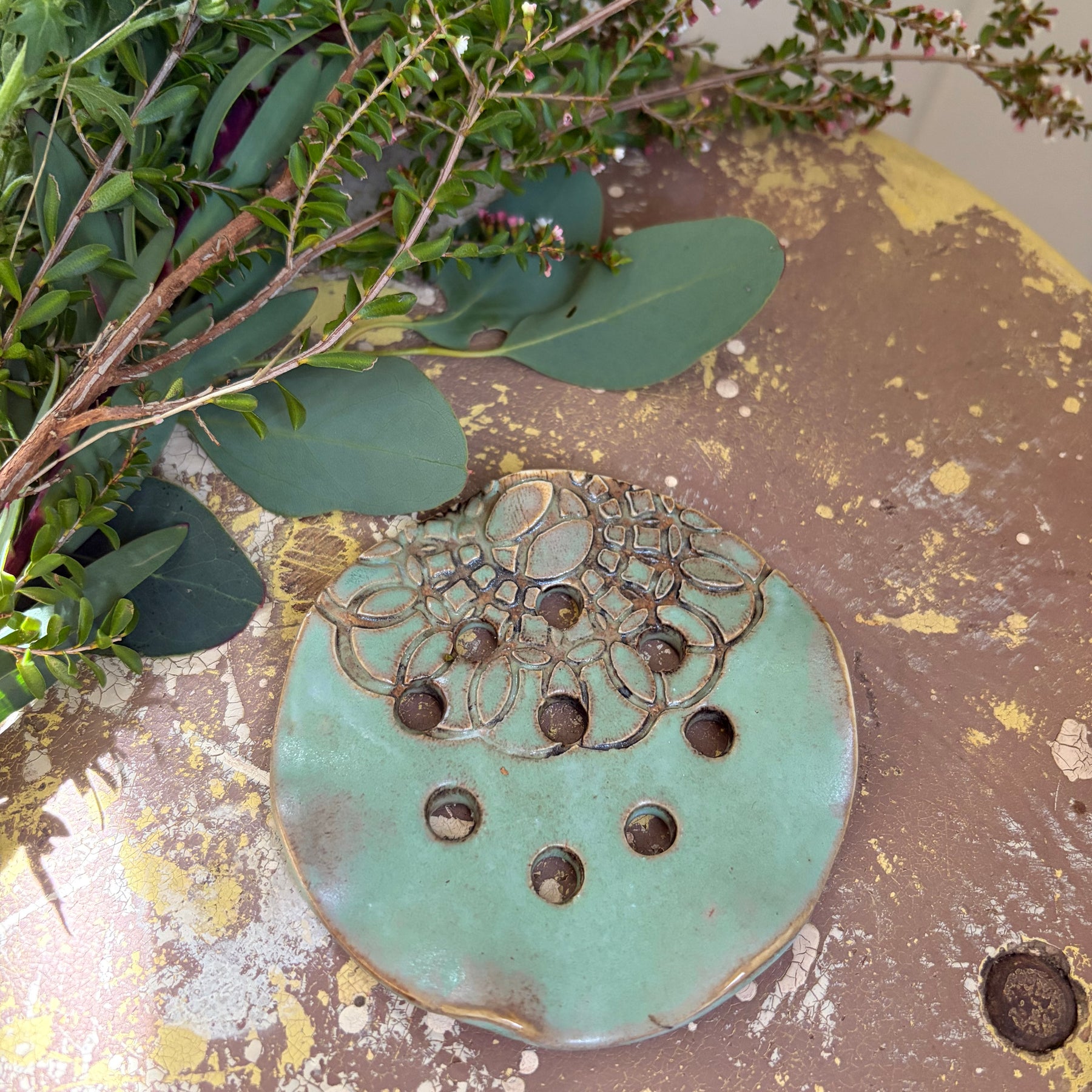 Pottery Flower Frog - Turquoise