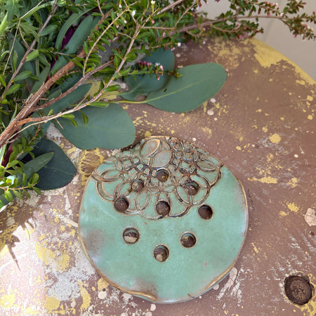 Pottery Flower Frog - Turquoise