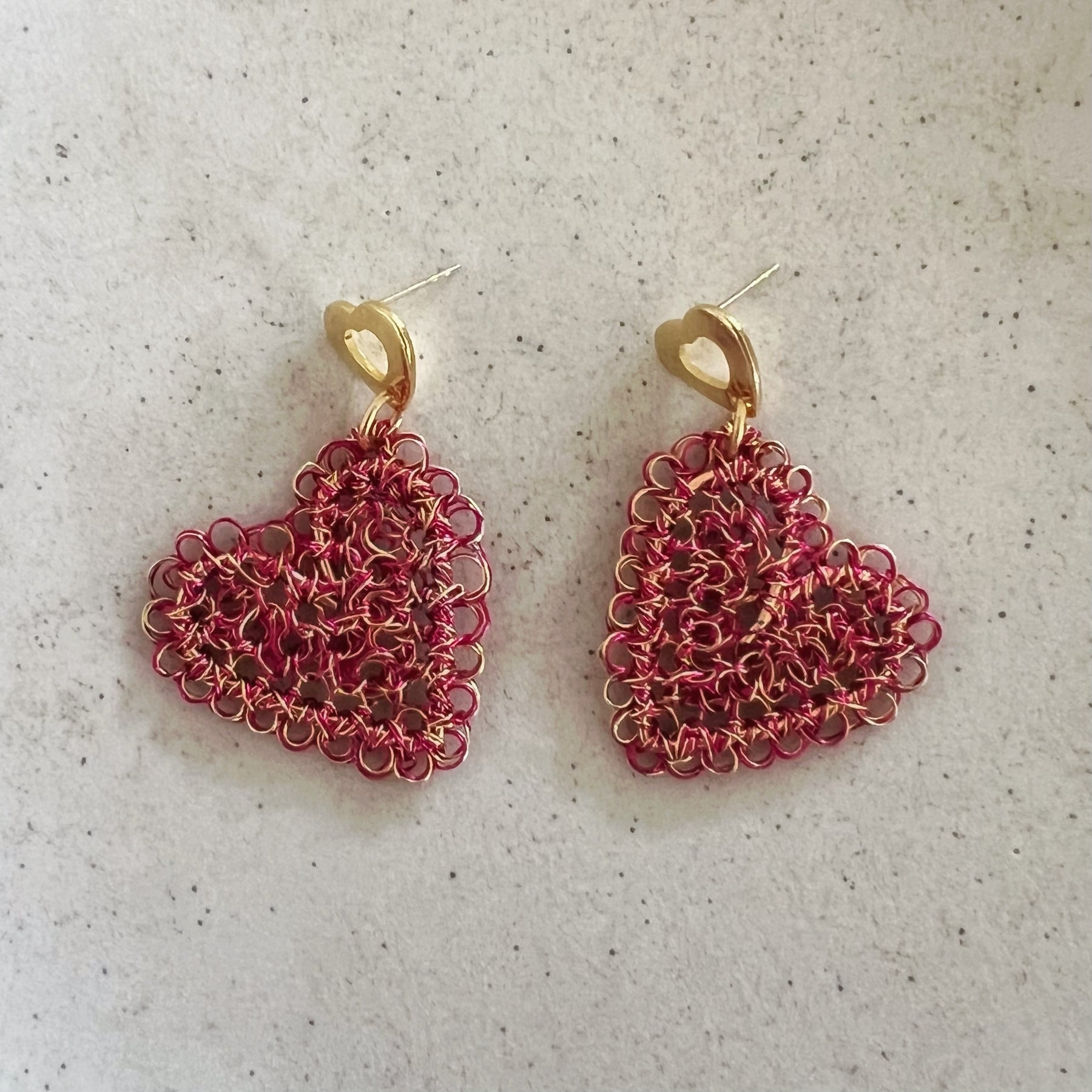Fuchsia & Gold Wire Peruvian Heart Earrings
