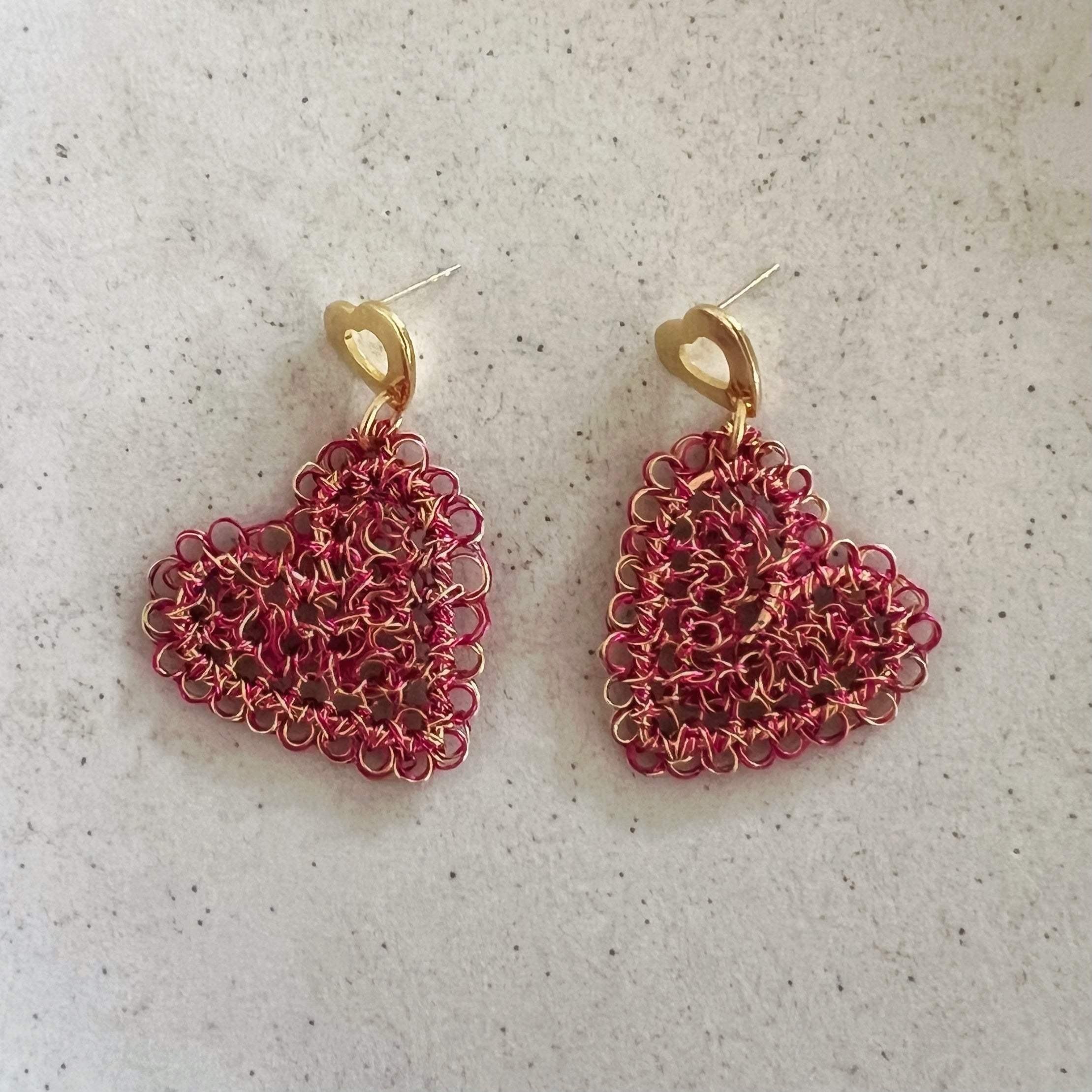 Fuchsia & Gold Wire Peruvian Heart Earrings