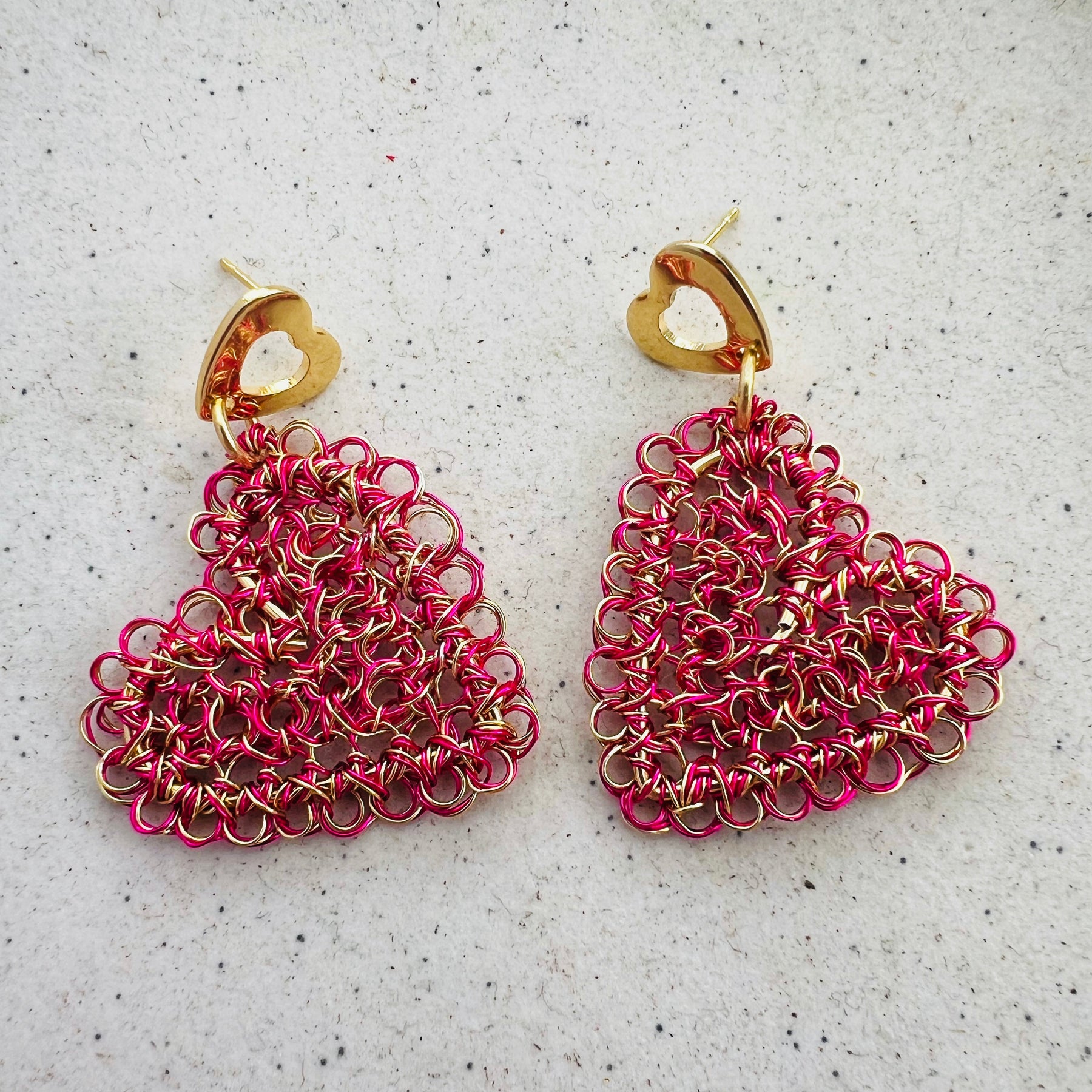 Fuchsia & Gold Wire Peruvian Heart Earrings