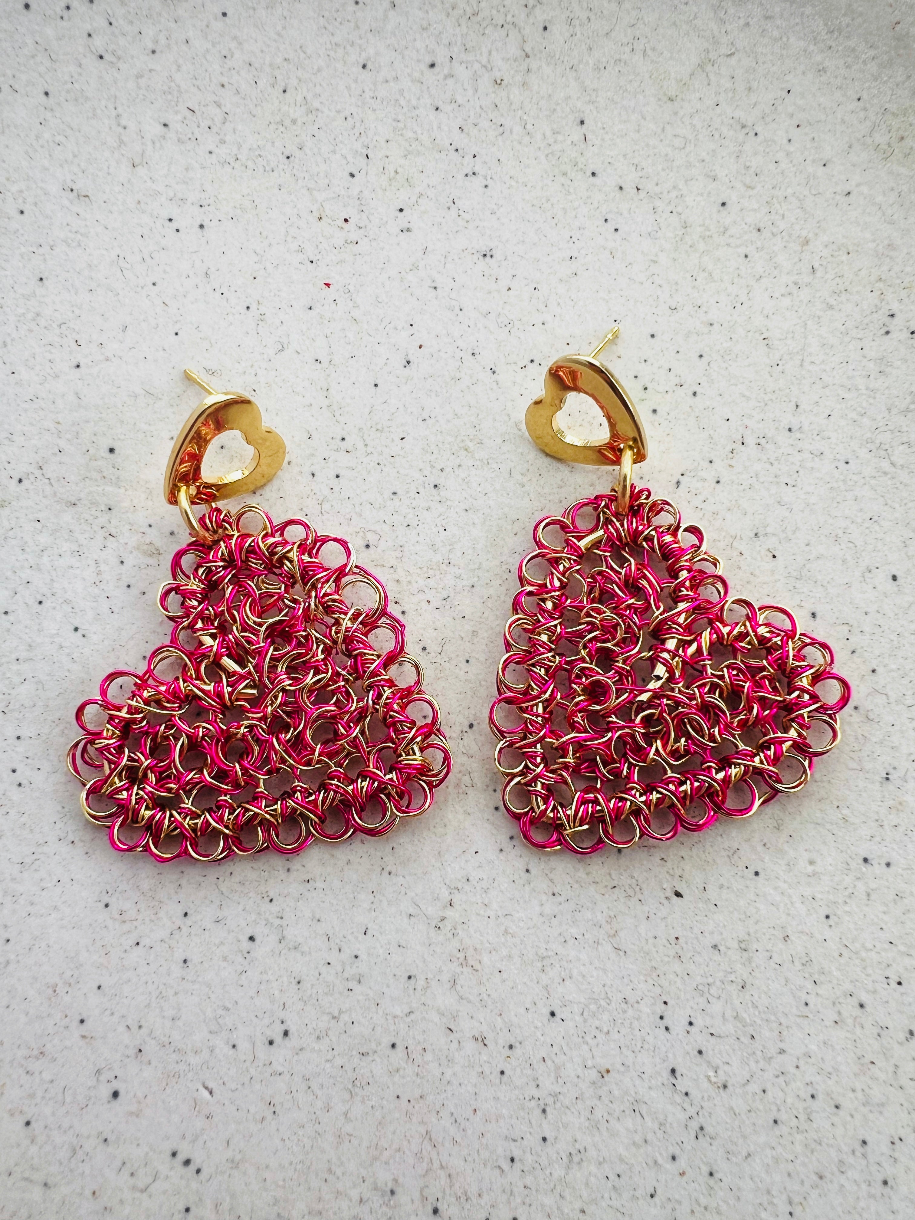 Fuchsia & Gold Wire Peruvian Heart Earrings