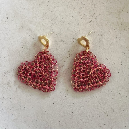 Fuchsia & Gold Wire Peruvian Heart Earrings