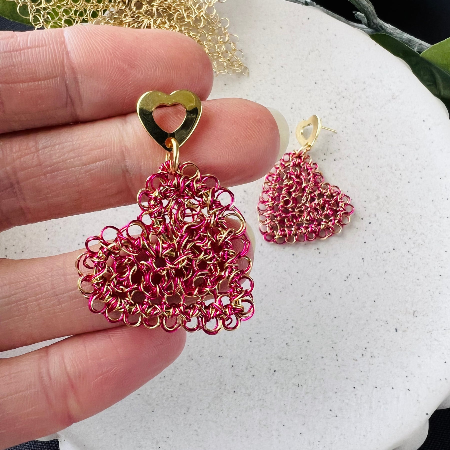 Fuchsia & Gold Wire Peruvian Heart Earrings