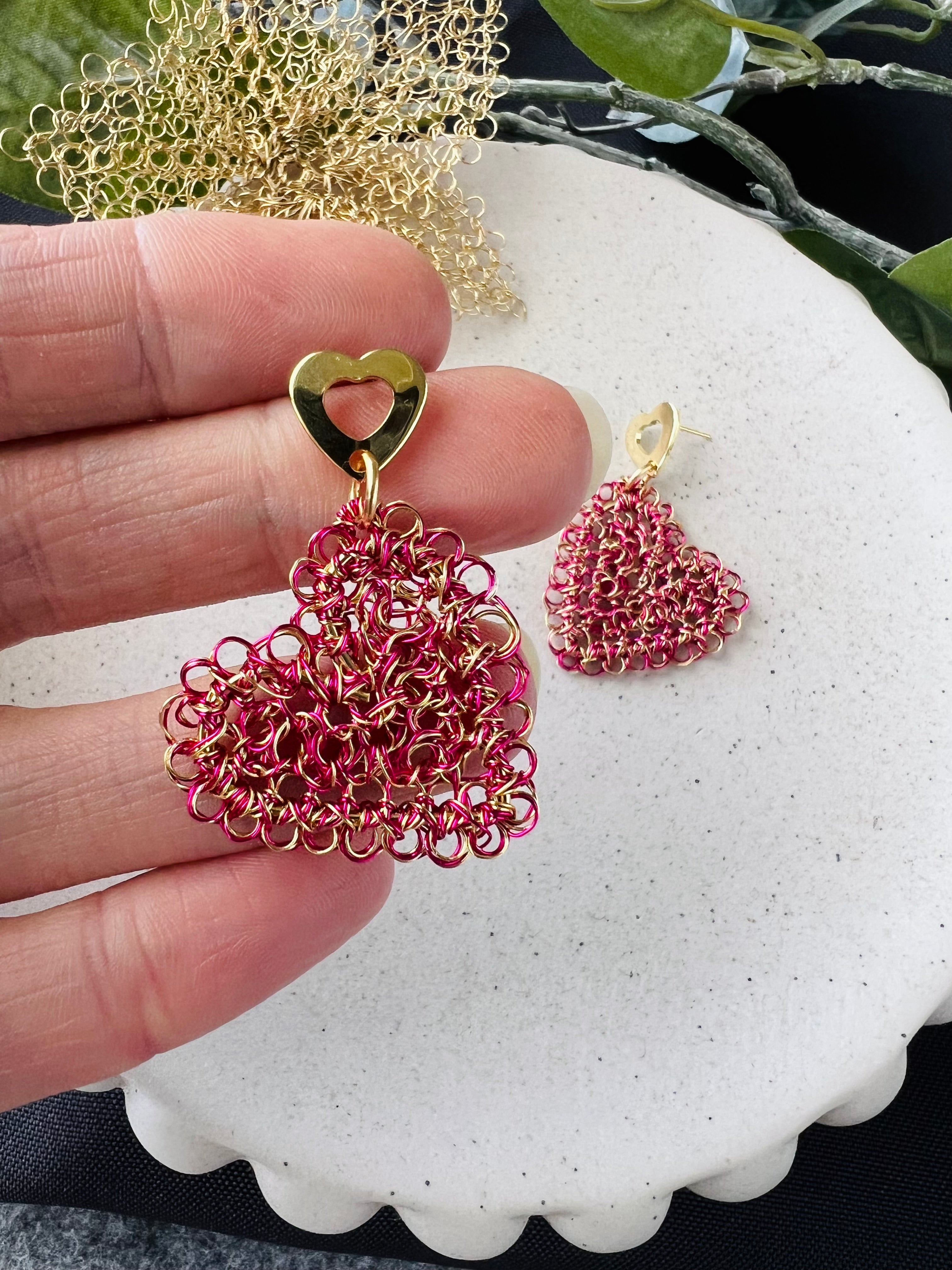 Fuchsia & Gold Wire Peruvian Heart Earrings