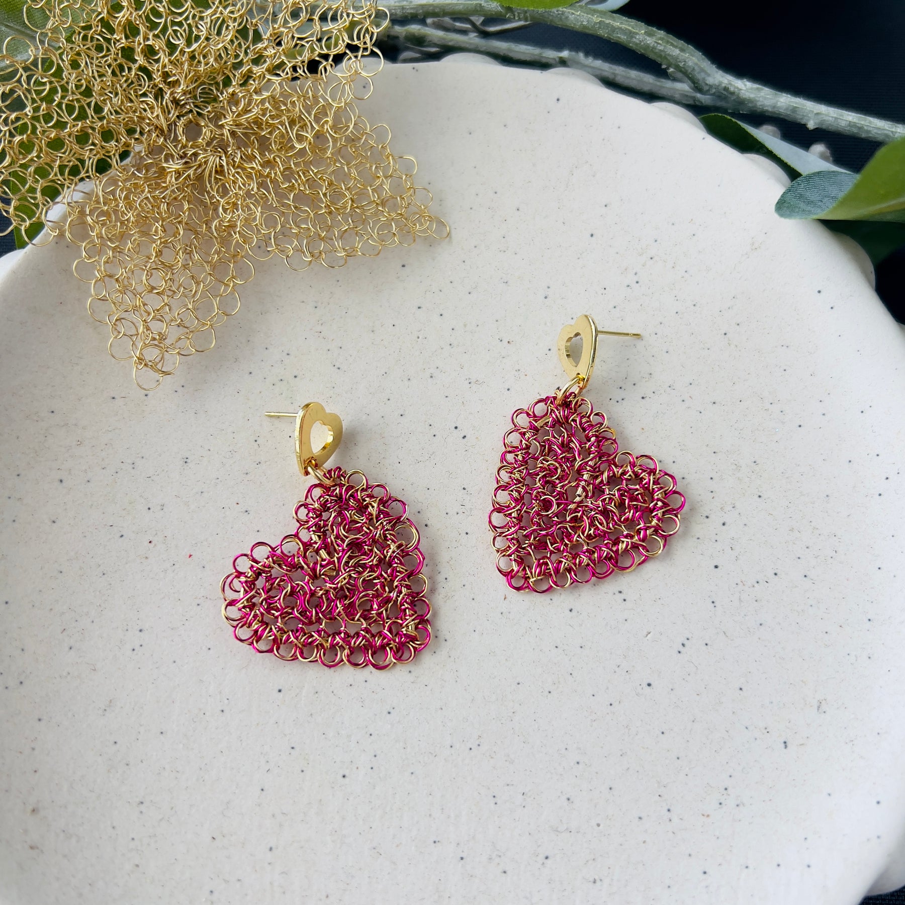 Fuchsia & Gold Wire Peruvian Heart Earrings