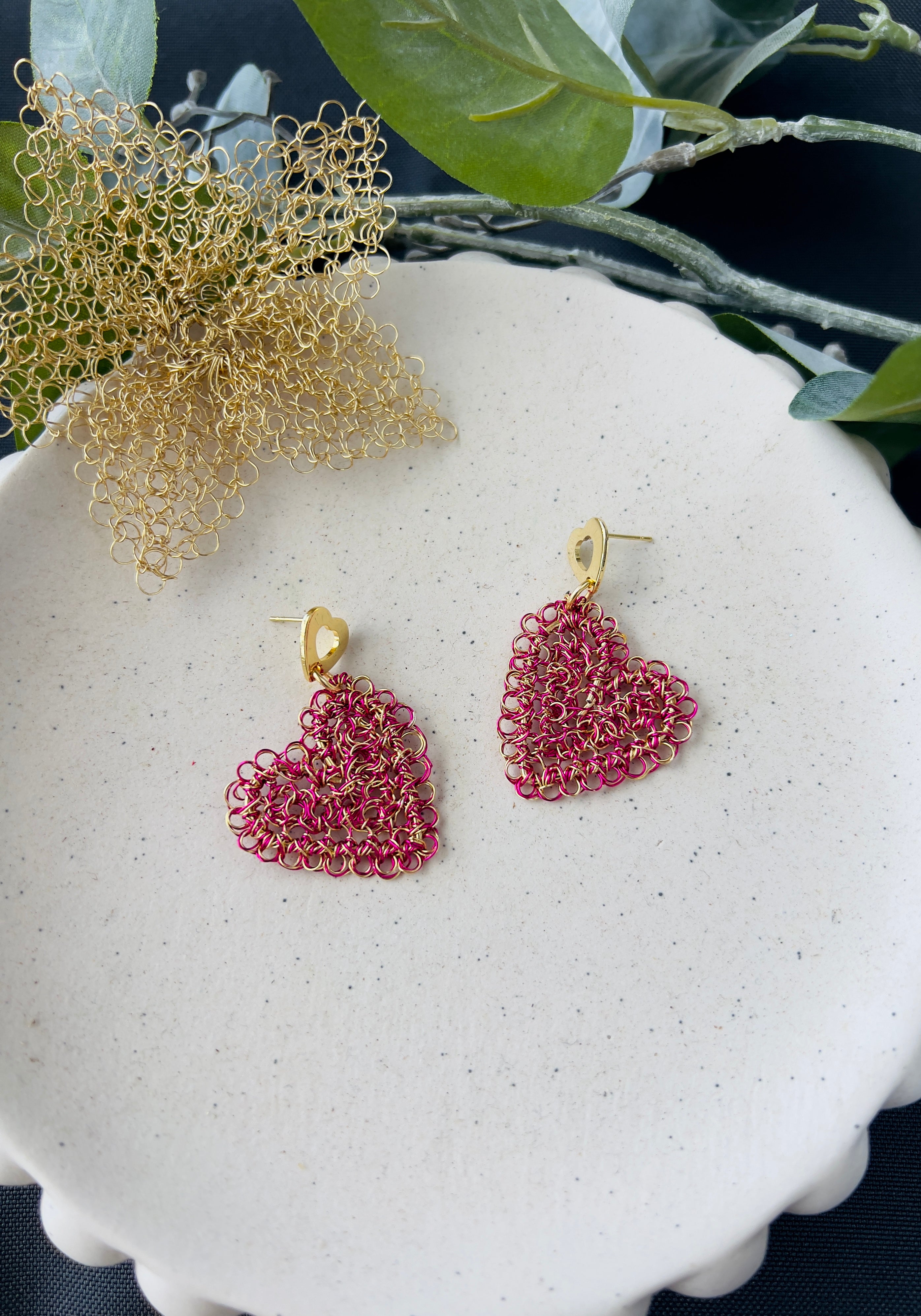 Fuchsia & Gold Wire Peruvian Heart Earrings