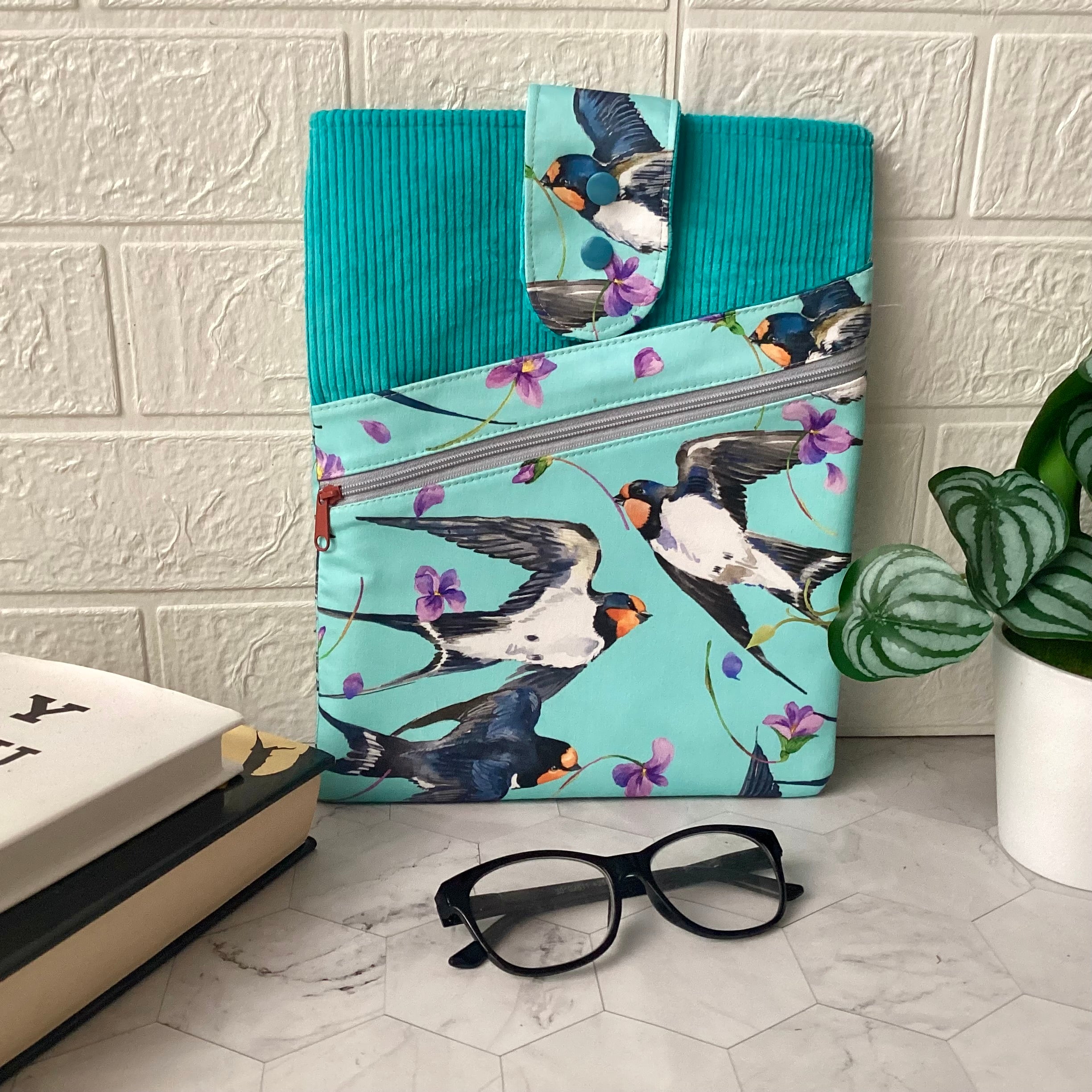 Swallows birds fabric book sleeve with 2 pockets. iPad, tablet pouch