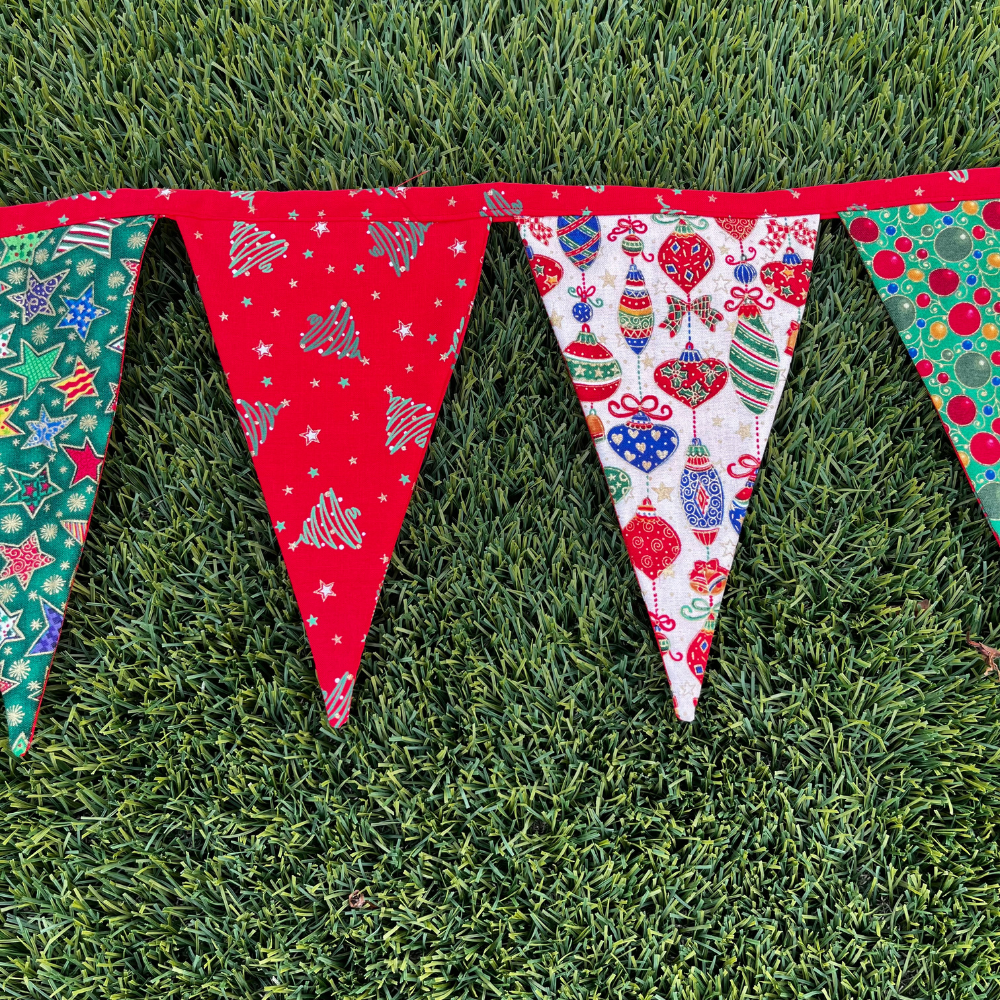 Handmade Bunting | Christmas | Stars | Baubles | Trees | 12 flags | double sided