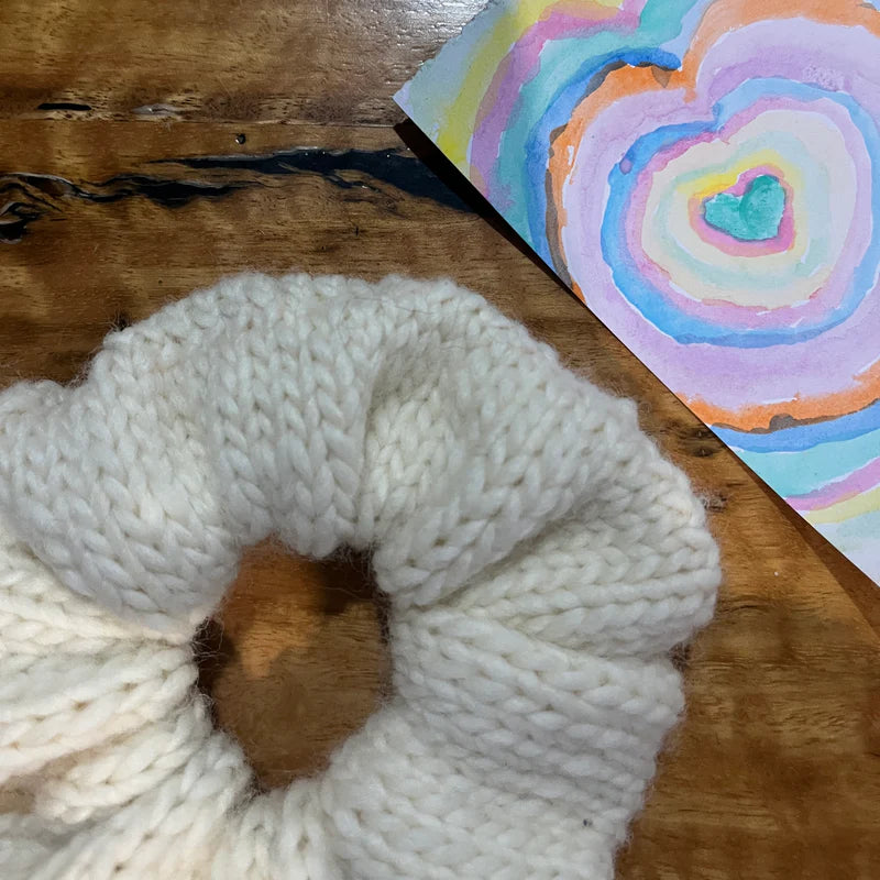 Hand knitted wool scrunchie