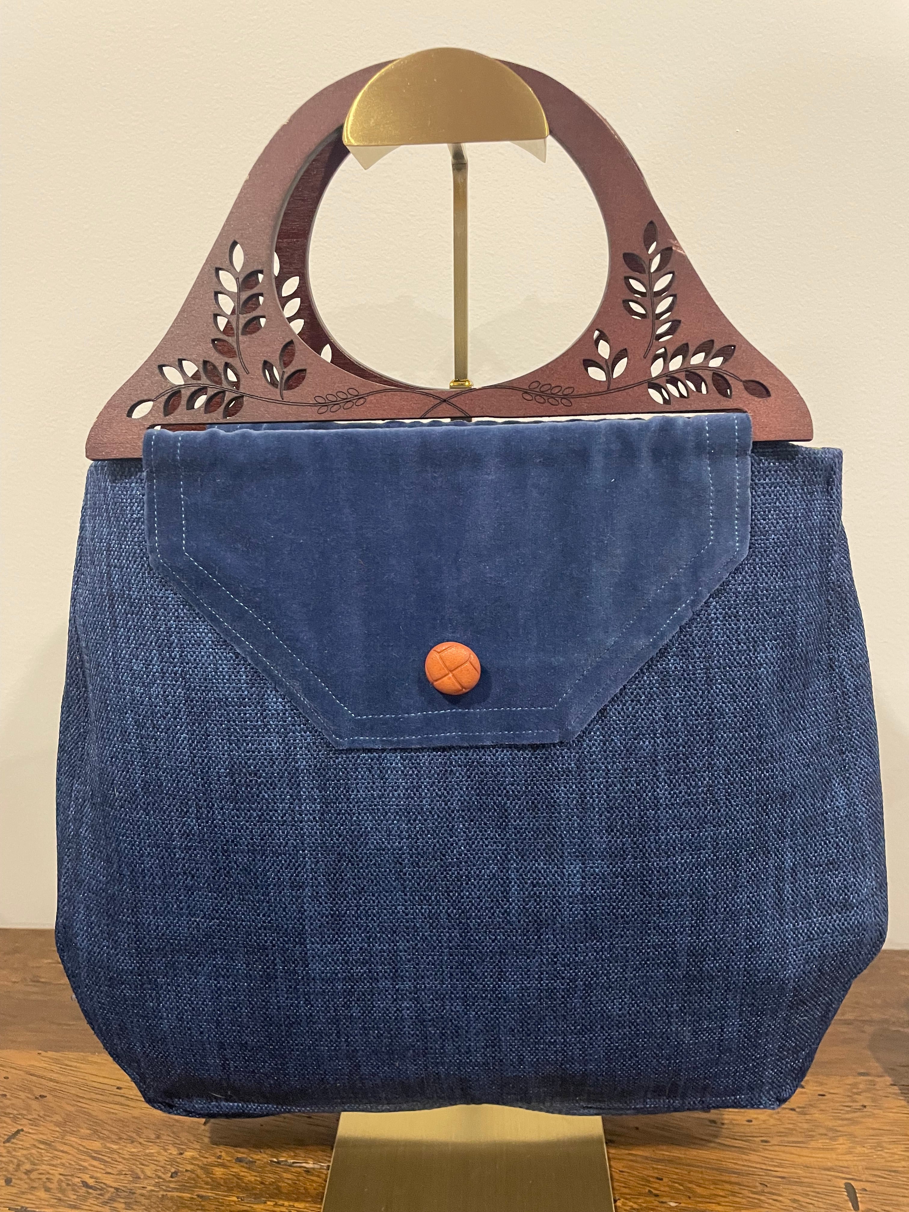 Handmade Blue Wooden Handled Handbag