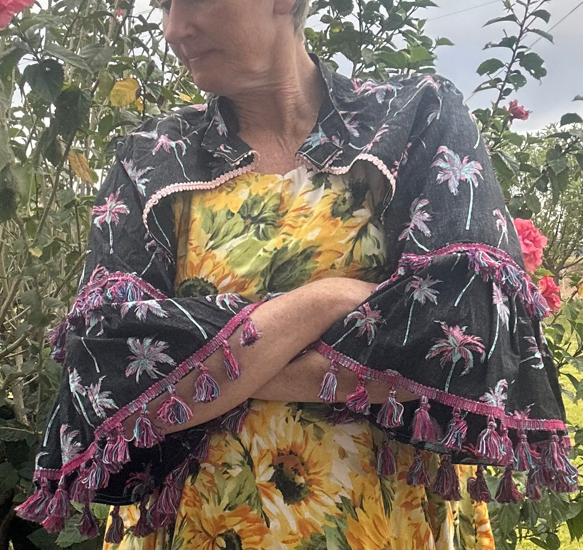 Upcycled Pink Palms on Black Bolero 3/4 Sleeves