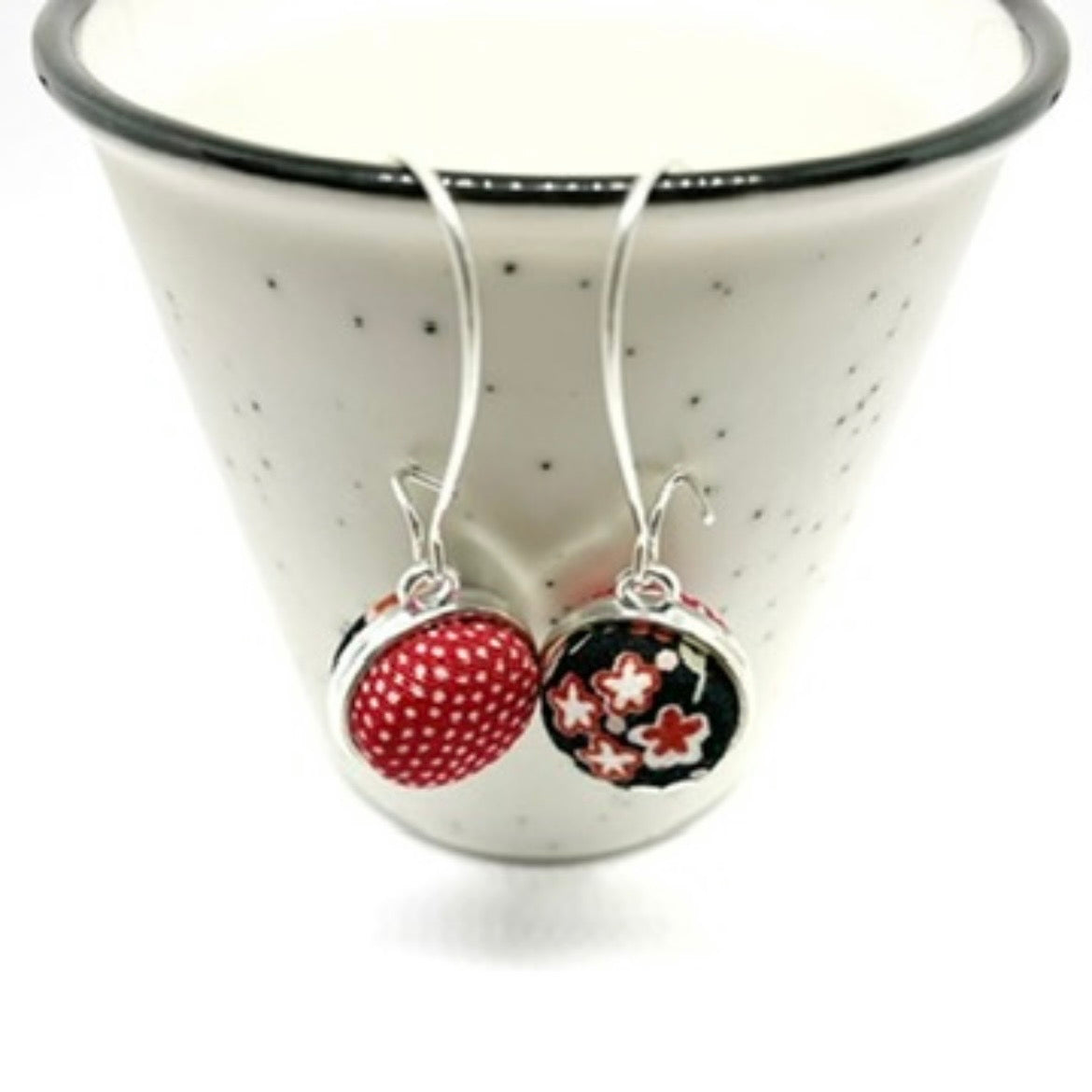 Double Sided Fabric Button Earrings - Black and Pink