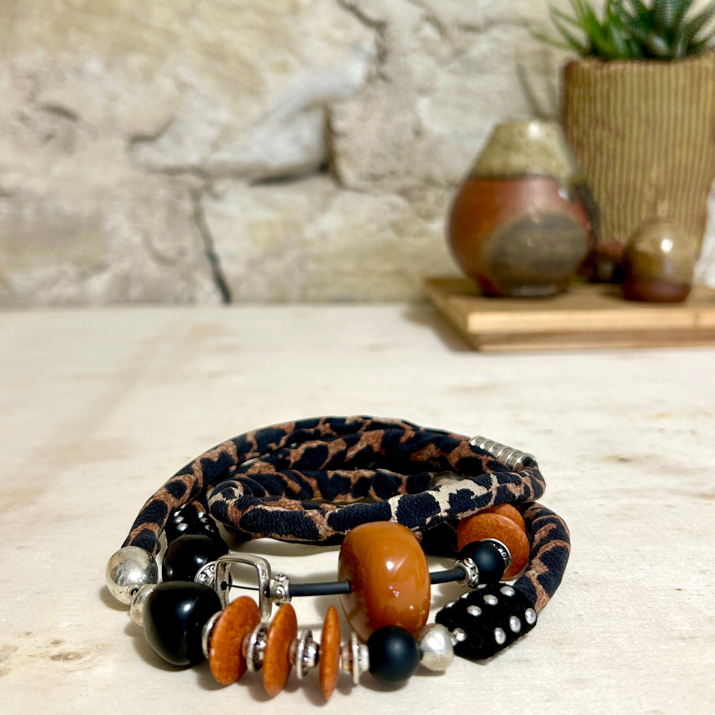 Animal Print Silk Necklace Vintage beads: 100cm