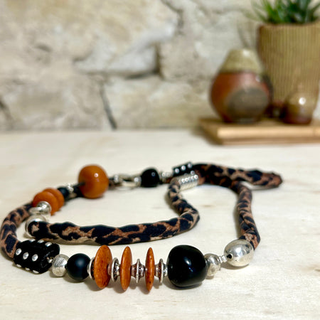 Animal Print Silk Necklace Vintage beads: 100cm