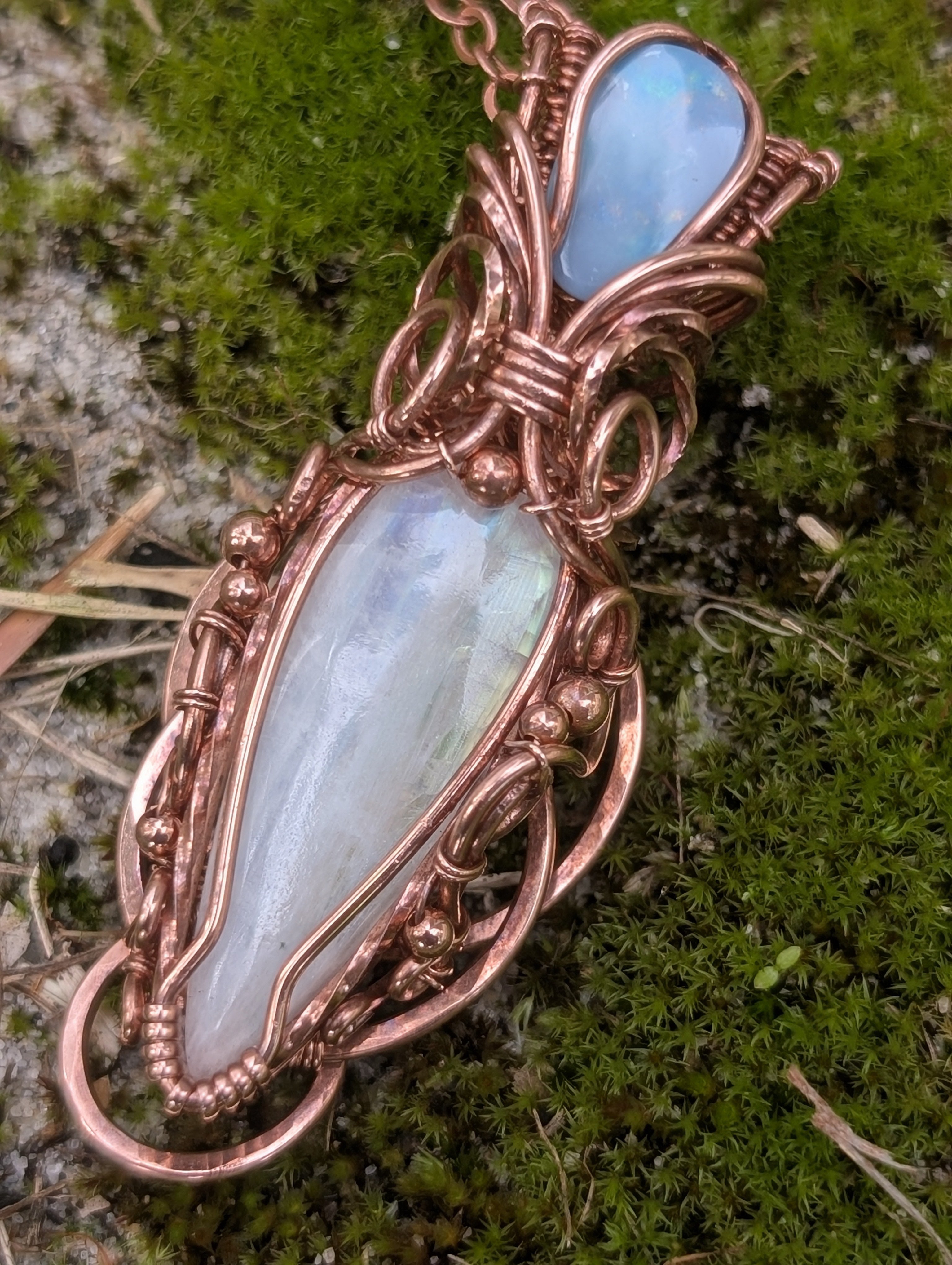 Theia - Rainbow Moonstone & Australian Boulder Opal Doublet Copper Pendant