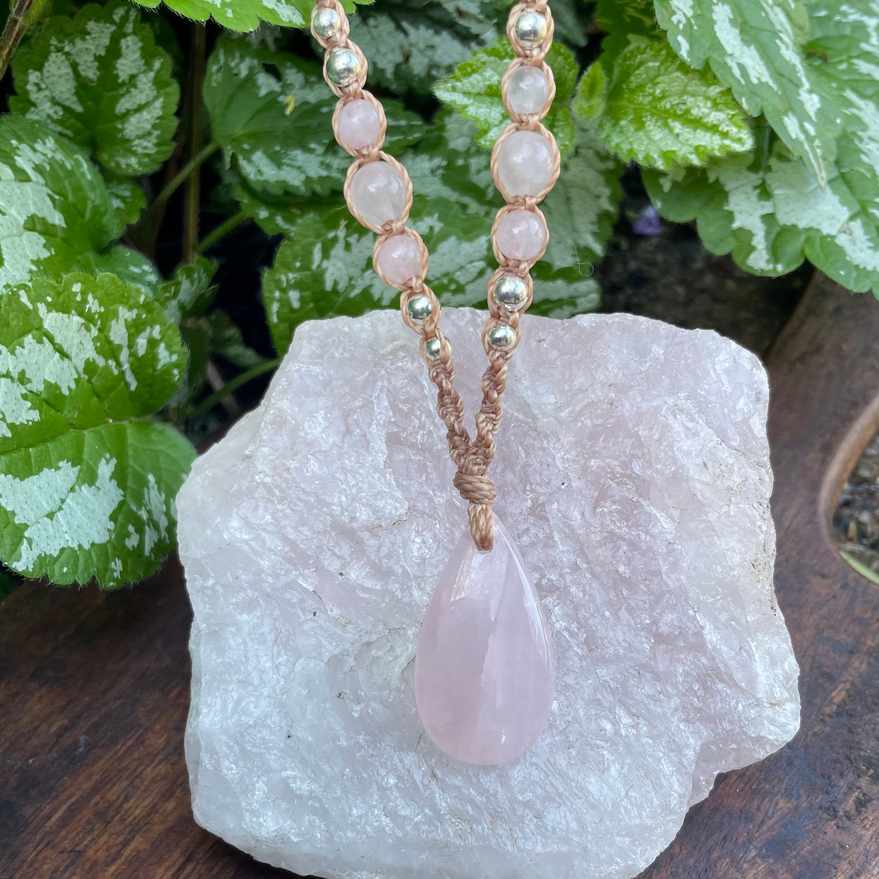 Rose Quartz Pendant, macrame necklace boho