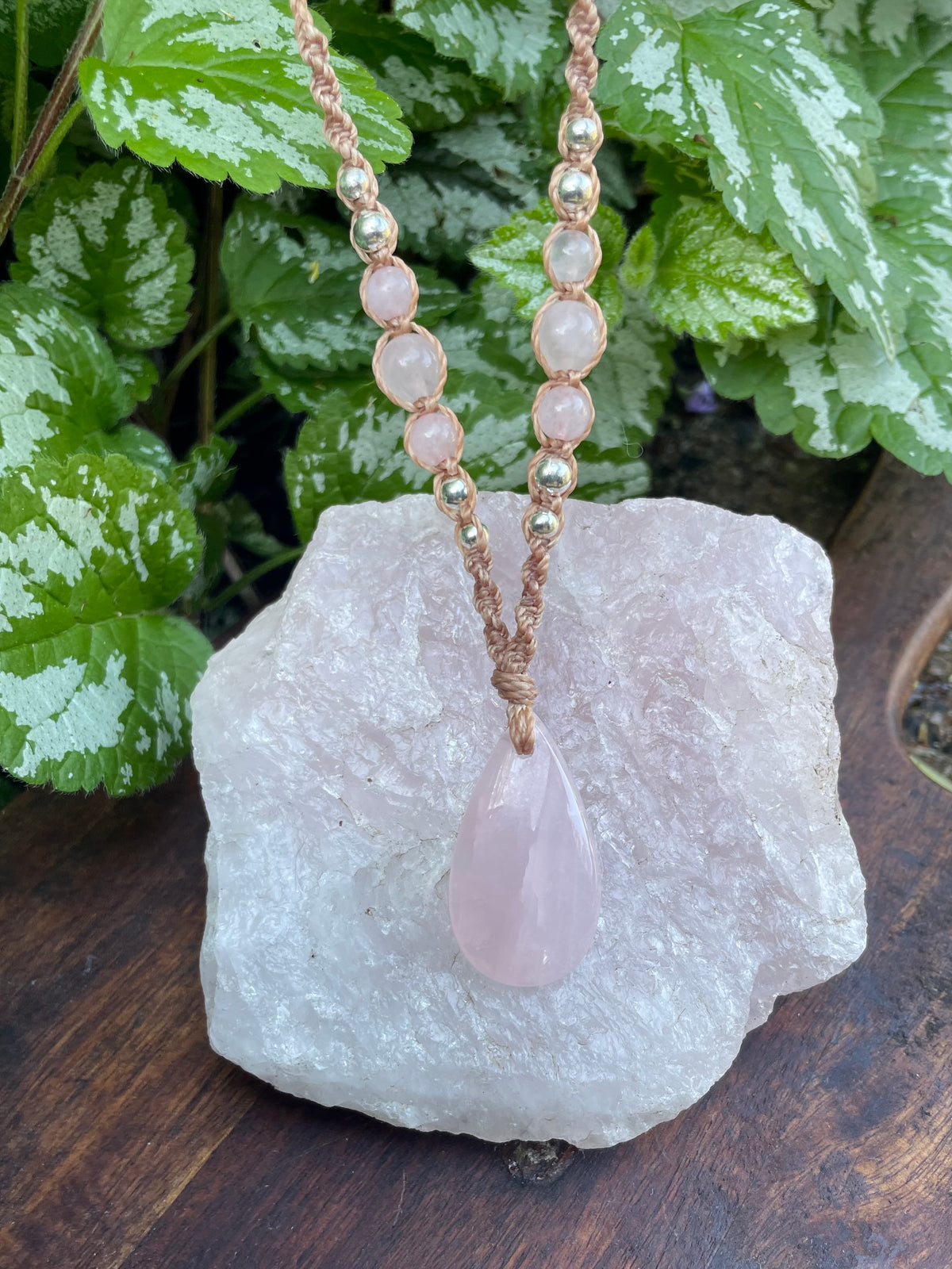 Rose Quartz Pendant, macrame necklace boho