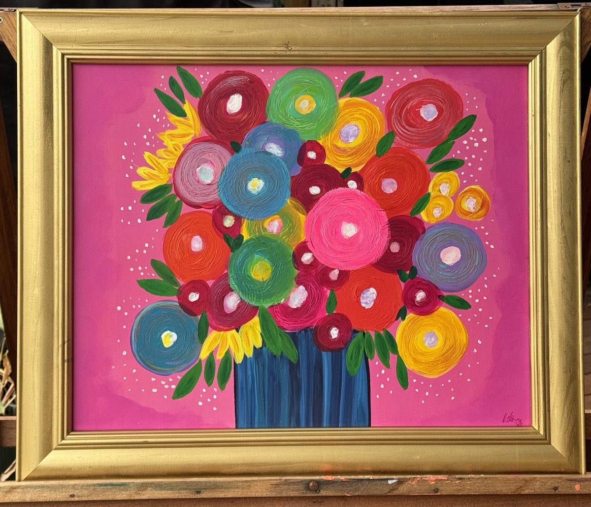 In Full Bloom – Original Colourful Floral Acrylic Painting in Upcycled Gold Frame
