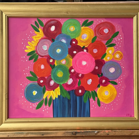 In Full Bloom – Original Colourful Floral Acrylic Painting in Upcycled Gold Frame