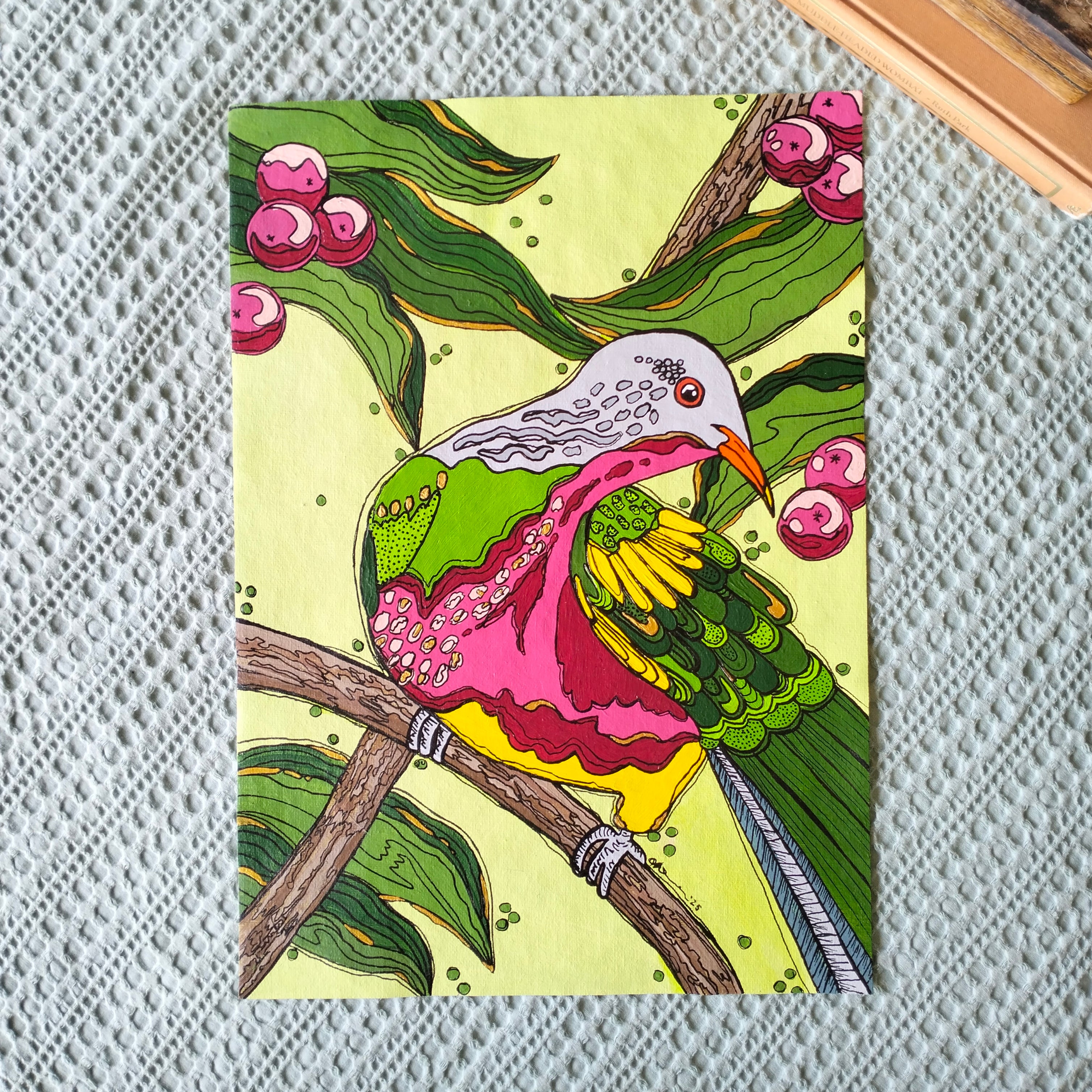 A3 ORIGINAL ARTWORK - "Wompoo Fruit Dove"- acrylic and latex abstract art