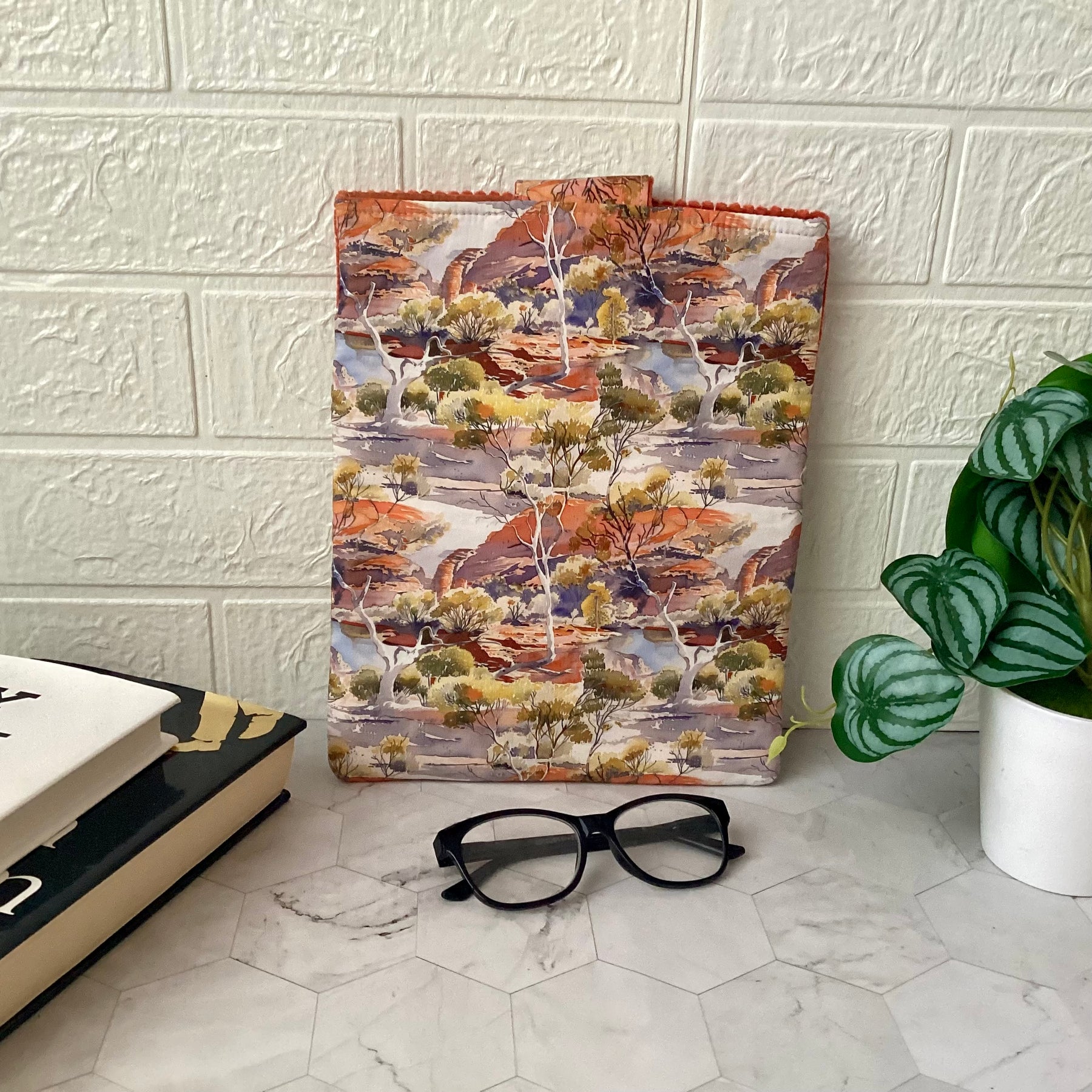 Australian Outback Scene fabric book sleeve with 2 pockets. iPad, tablet pouch