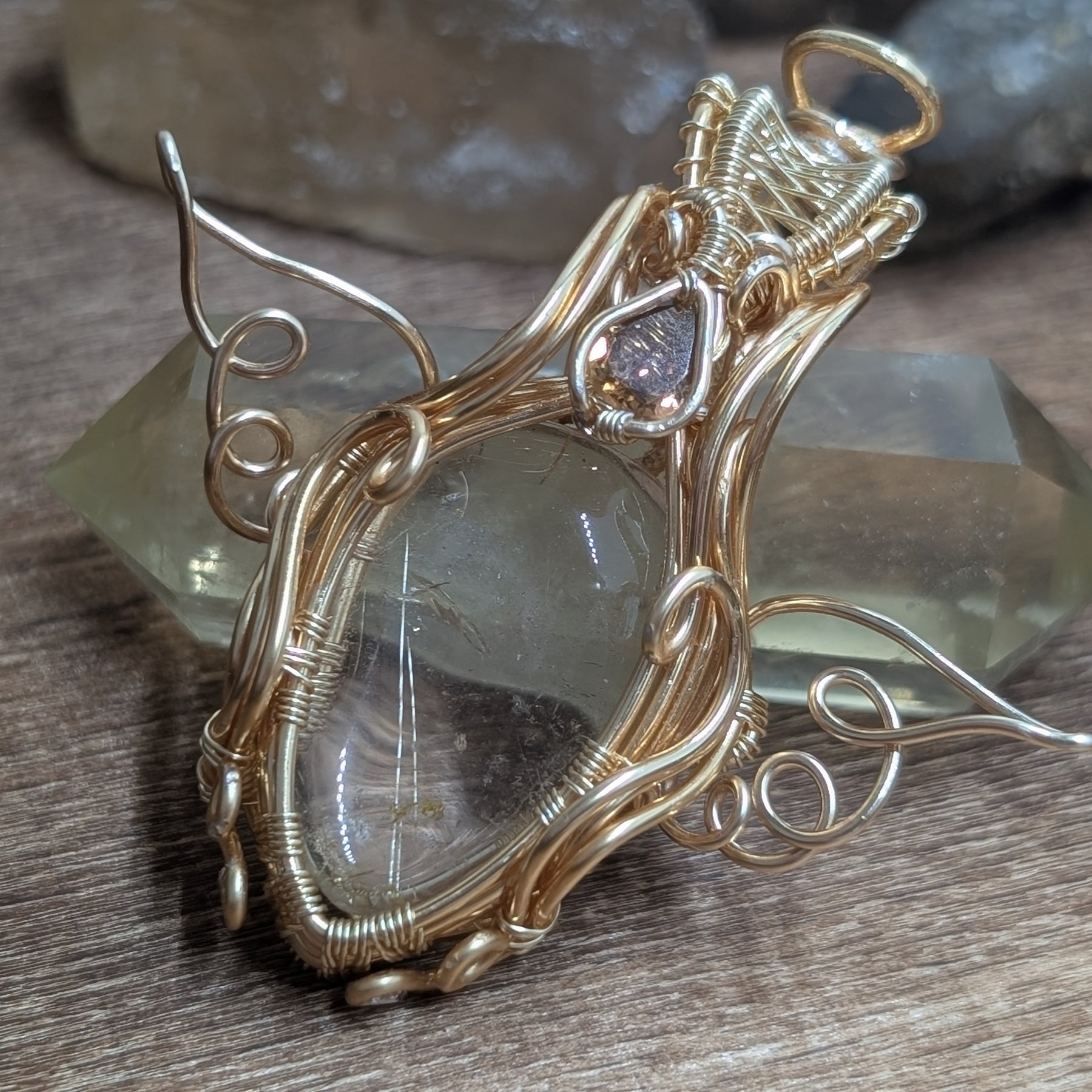Aetheria - Golden Rutile Quartz with Tourmaline Facet in Gold Coloured Copper