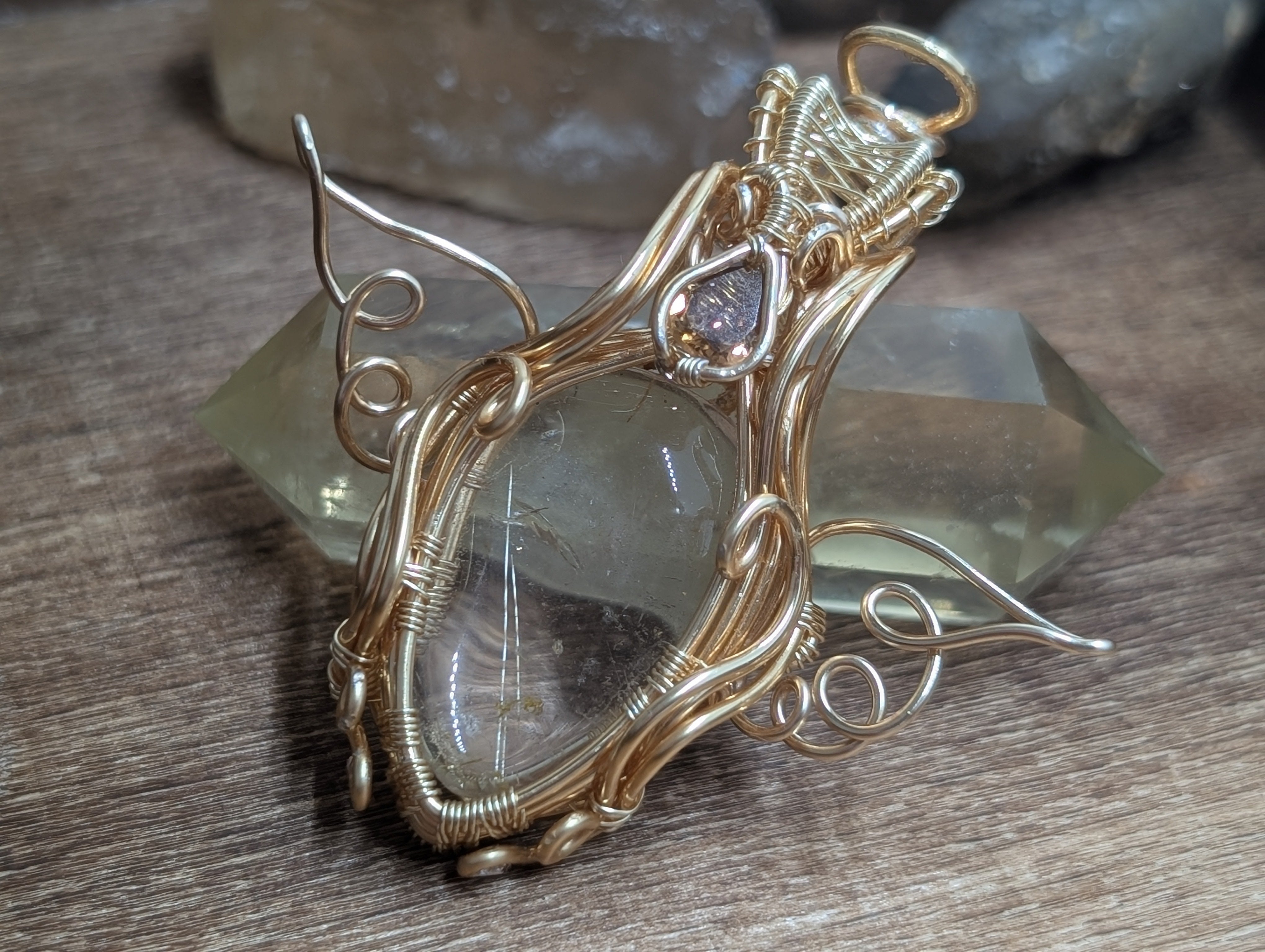 Aetheria - Golden Rutile Quartz with Tourmaline Facet in Gold Coloured Copper