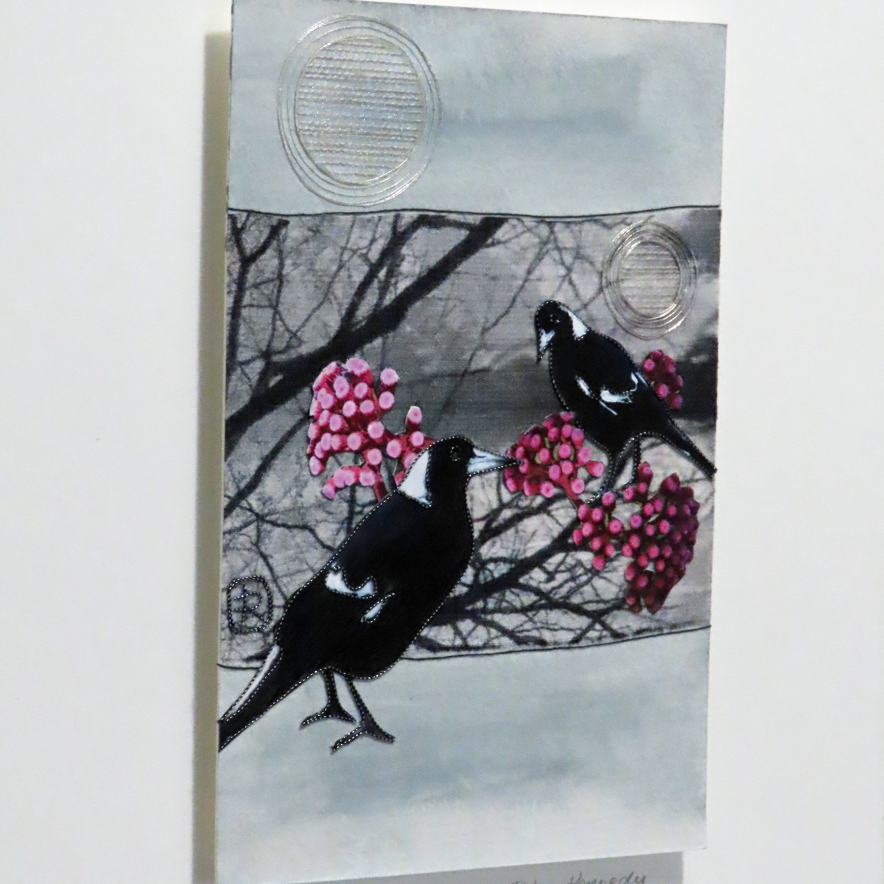Unframed Collage Art - Magpies & Pink Flowers