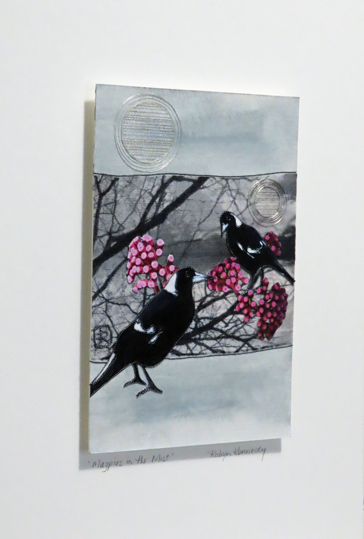 Unframed Collage Art - Magpies & Pink Flowers