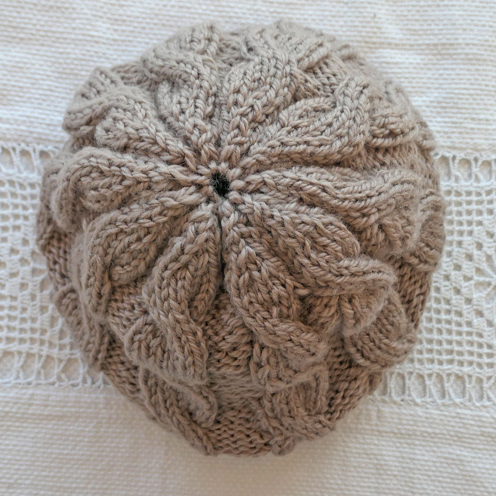 Beanie: Adult, handmade, woollen.  Cabled design. Fawn, light brown, Unisex