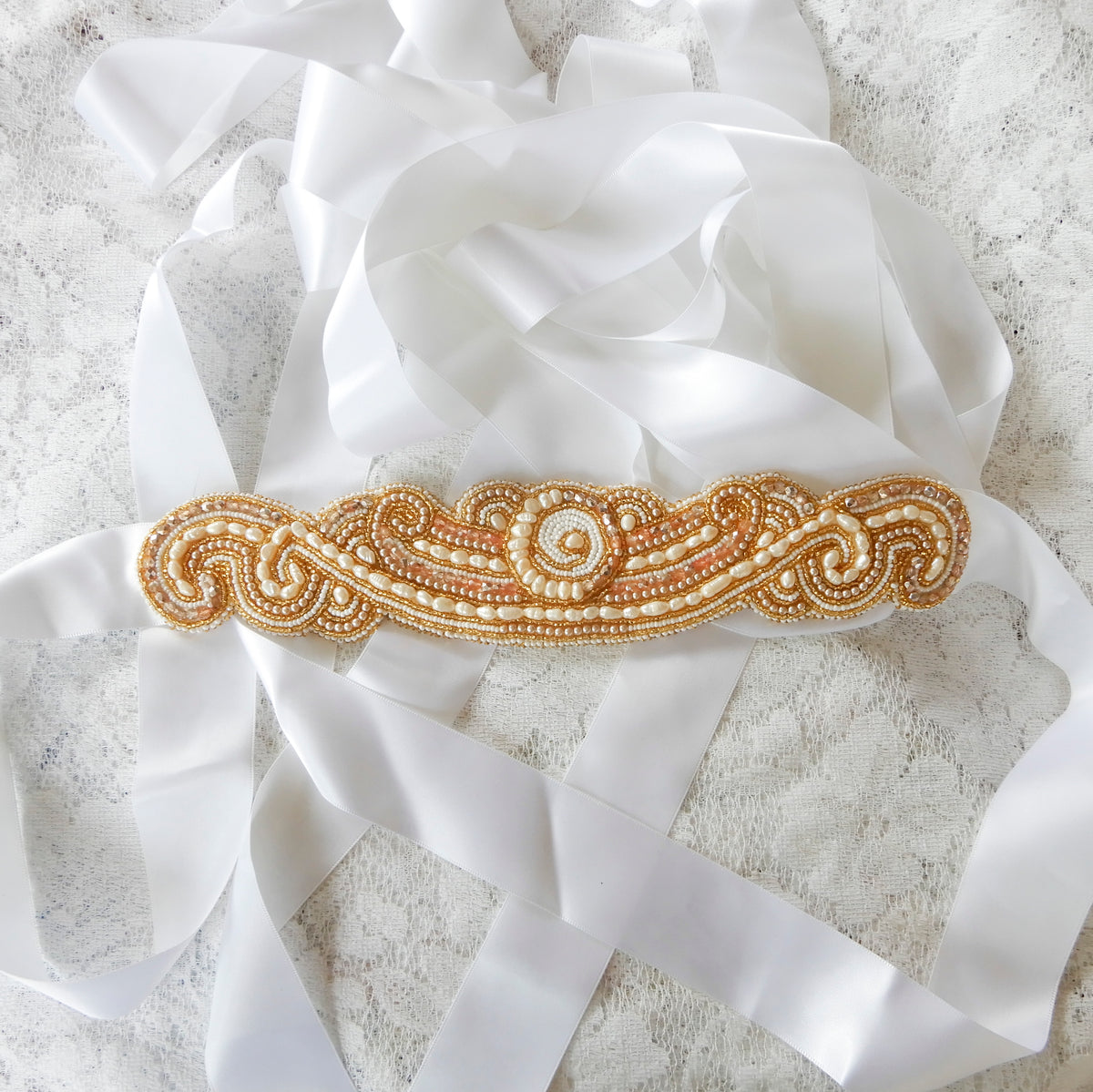 Bead Embroidered Gold & White Bridal Belt Sash