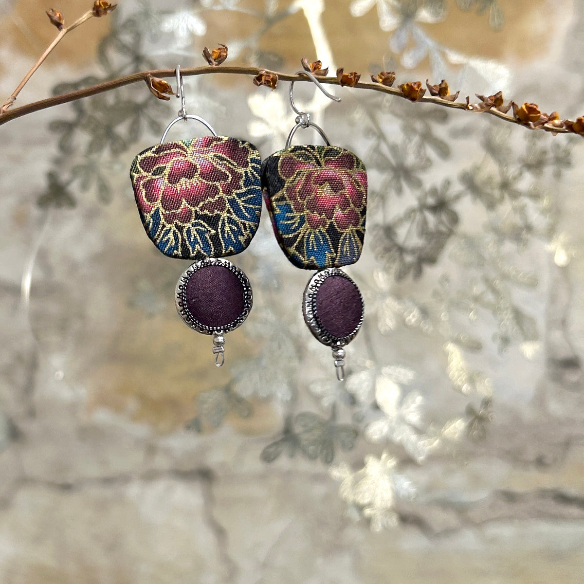 Earrings Pink Plum Blue Black Floral Reversible - EC-638