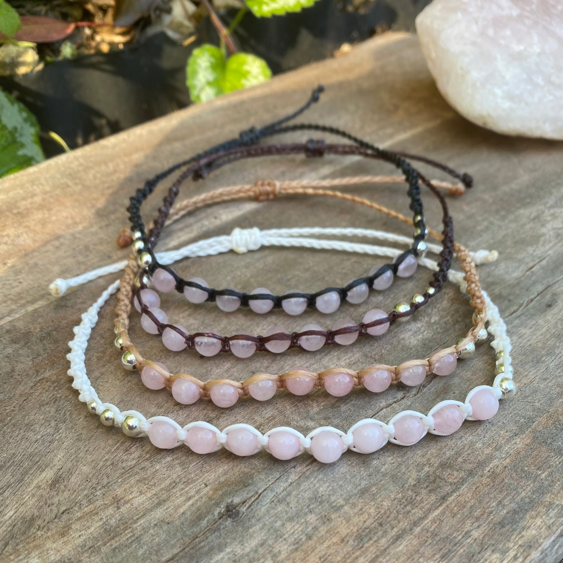 Rose Quartz Beaded Anklet: Macrame Adjustable Waterproof