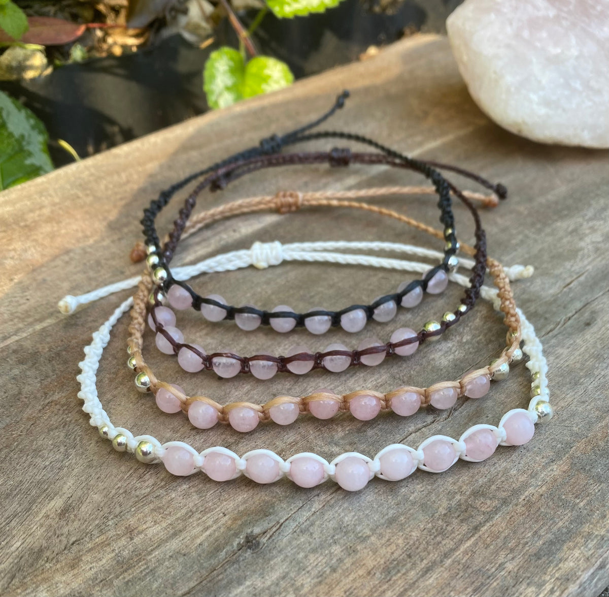Rose Quartz Beaded Anklet: Macrame Adjustable Waterproof