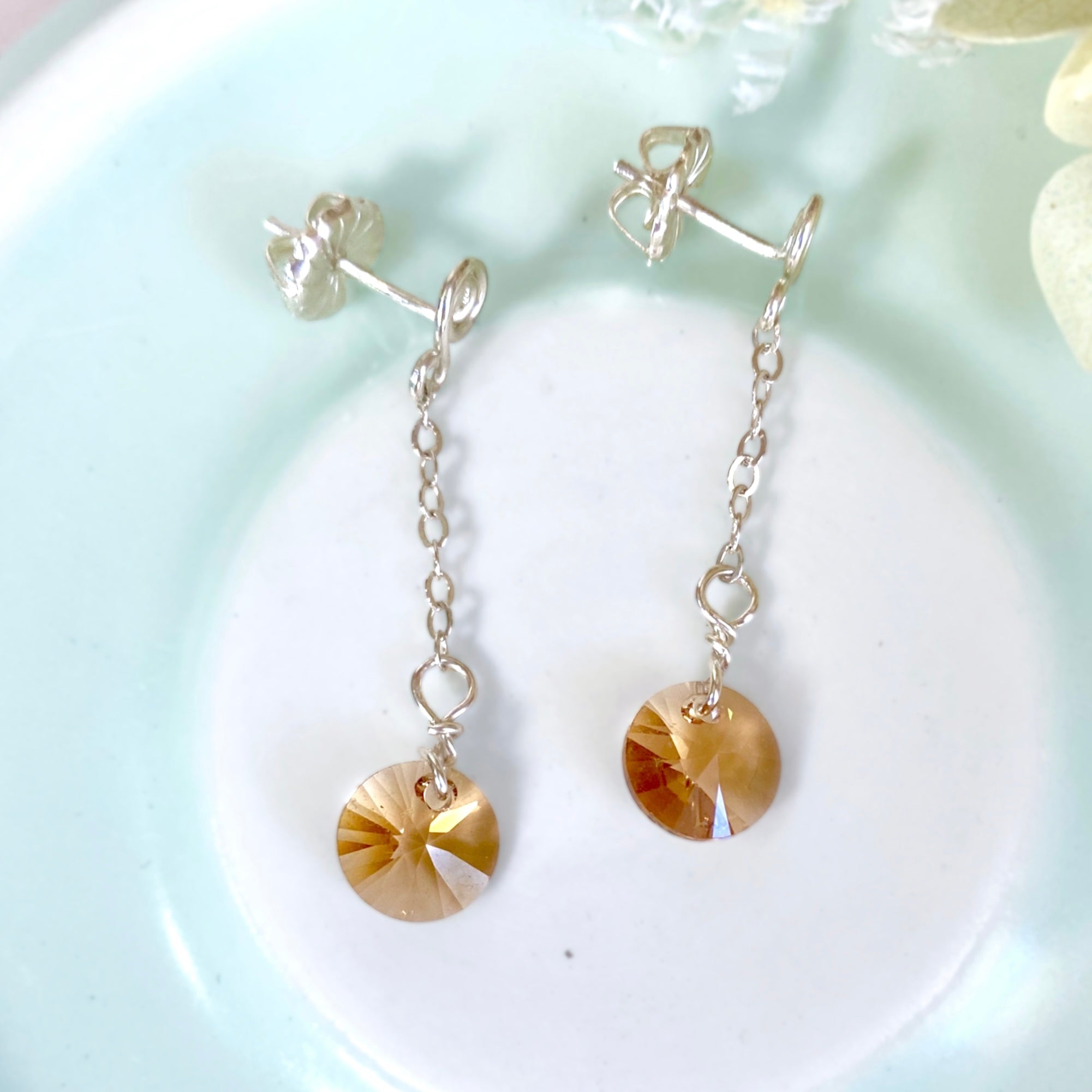 Topaz crystal dangle earrings | Sterling silver | Stud with chain | November birthstone gift