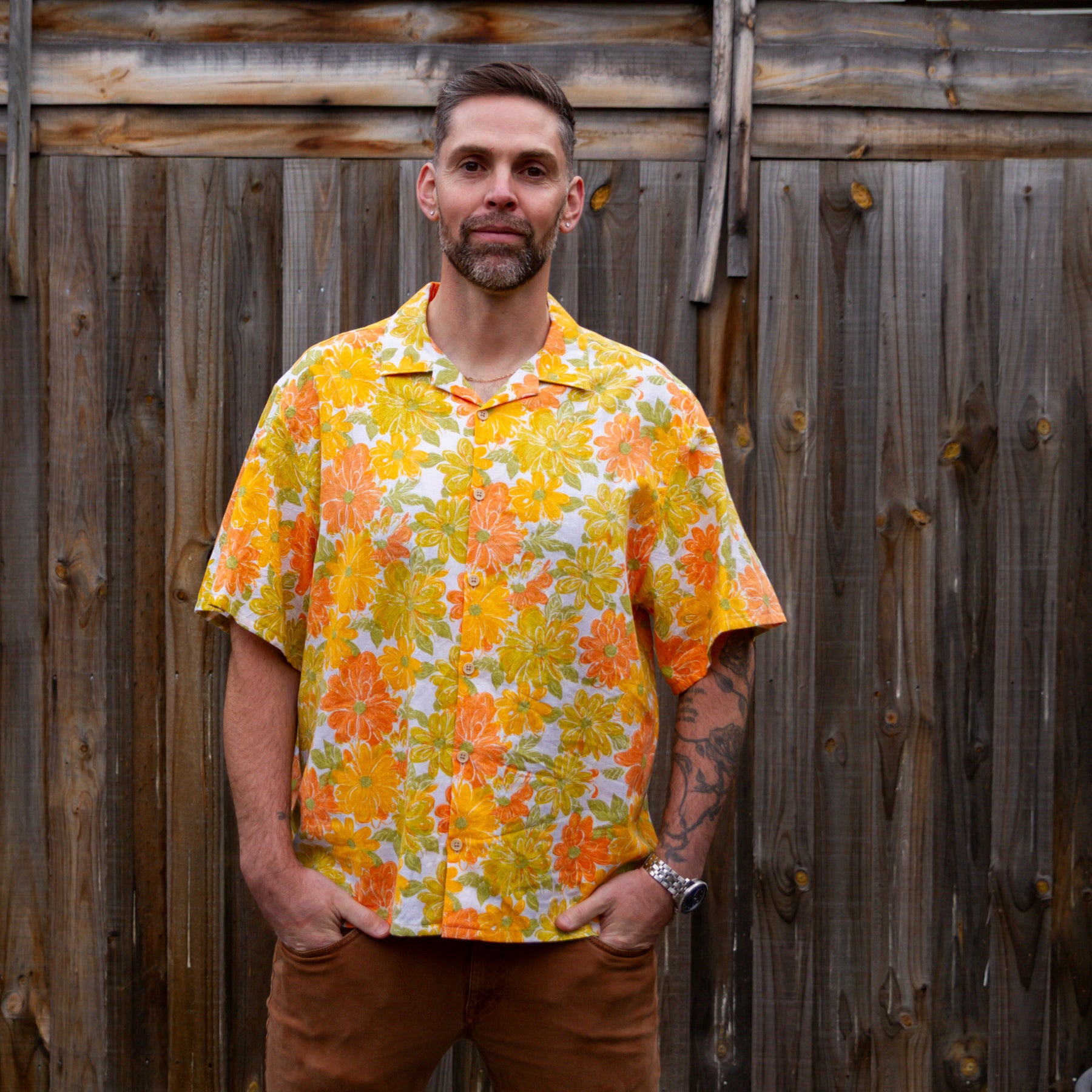 Upcycled Cotton Doona Cover Unisex Classic Cut Button-up Shirt (Brown / Size L)