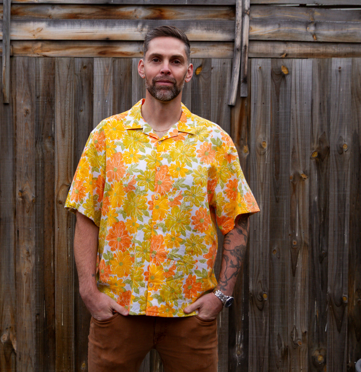 Upcycled Cotton Doona Cover Unisex Classic Cut Button-up Shirt (Brown / Size L)
