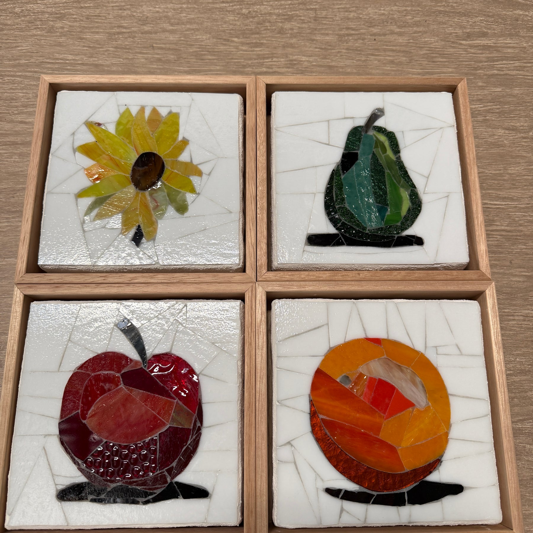 Stained Glass Mosaic Sunflower Framed in Oak
