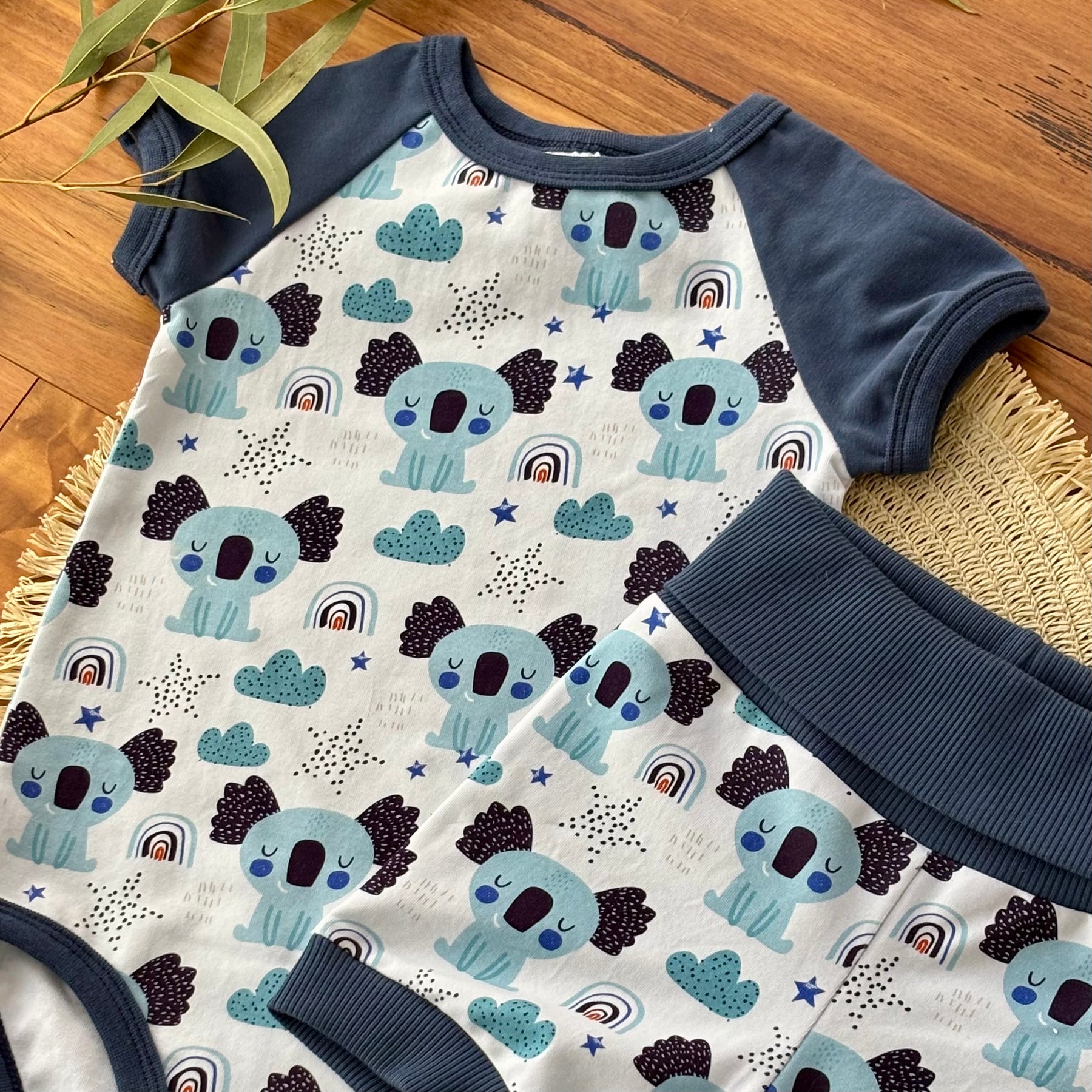 Baby Short Sleeved Bodysuit and Shorts | Blue Koalas | Size premmie to 2 | Made to order
