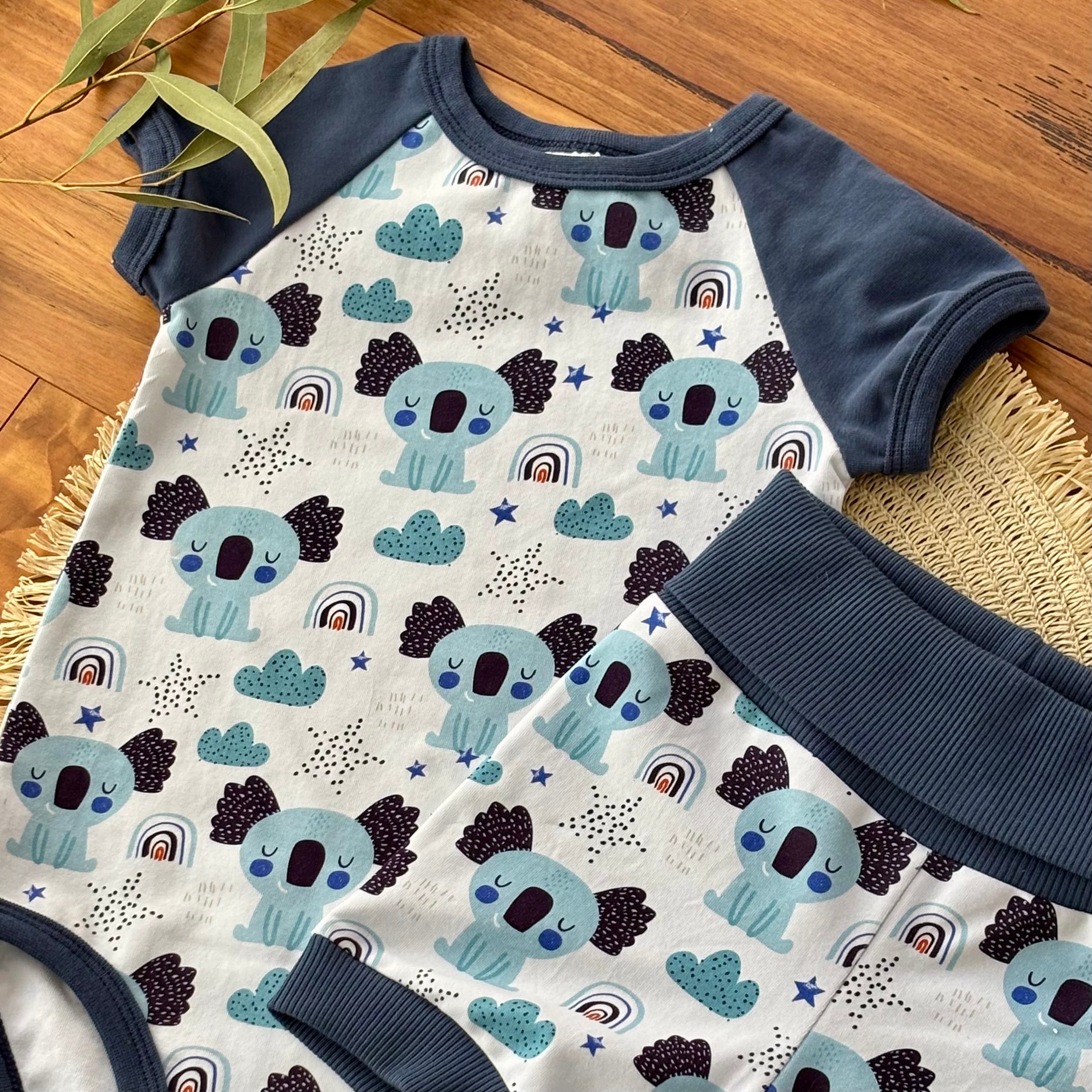 Baby Short Sleeved Bodysuit and Shorts | Blue Koalas | Size premmie to 2 | Made to order