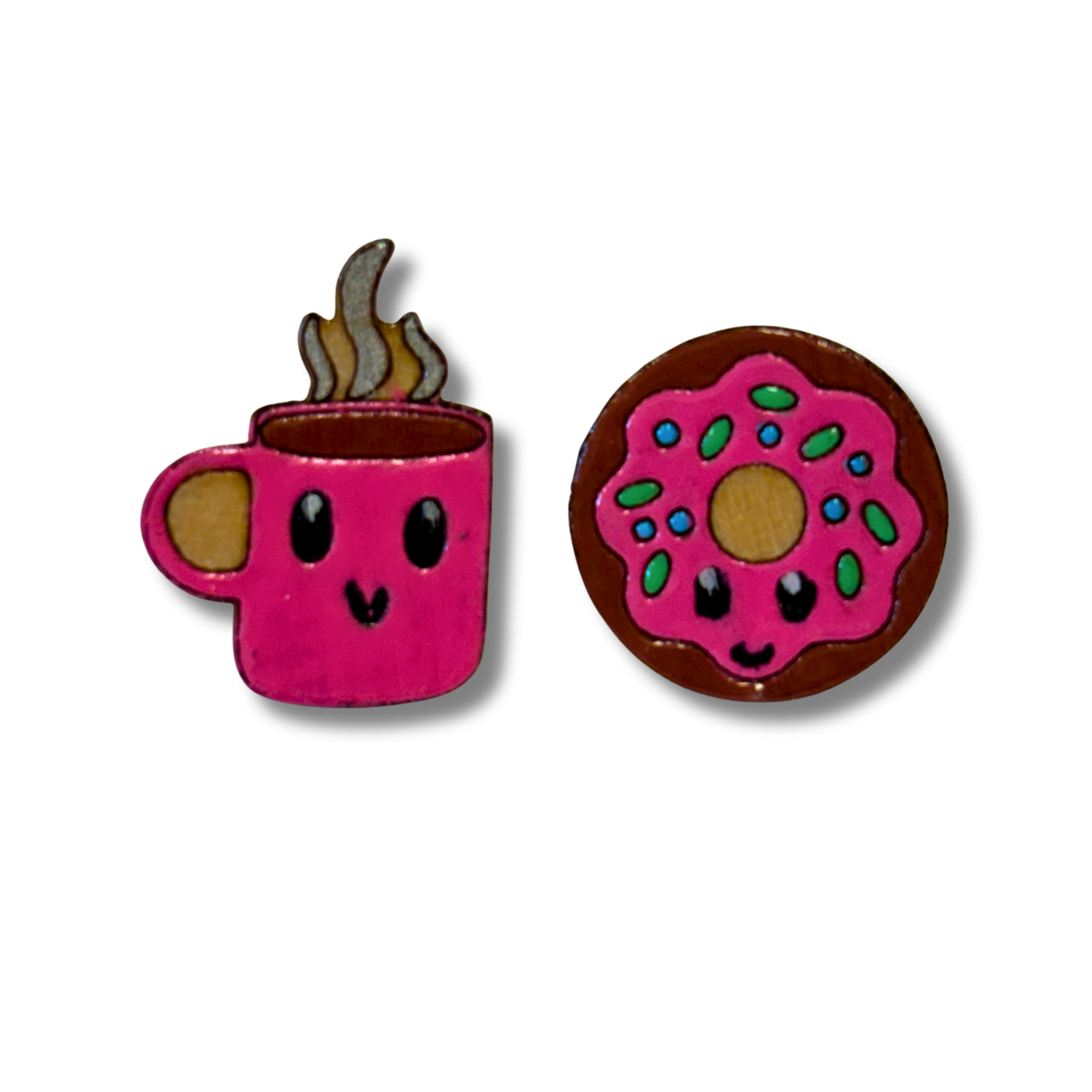 Coffee and Donut studs - wooden, hand painted earrings