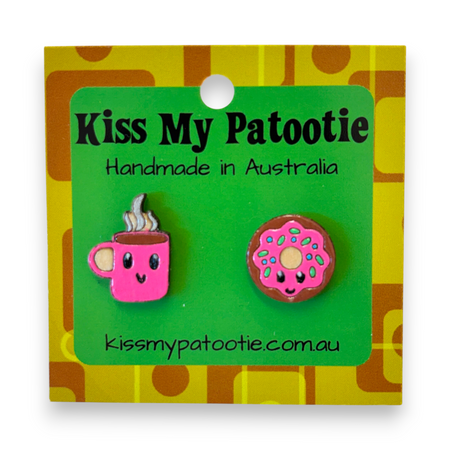 Coffee and Donut studs - wooden, hand painted earrings