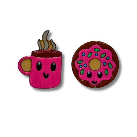 Coffee and Donut studs - wooden, hand painted earrings