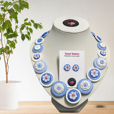 Blue button necklace and earrings - Winter Blooms