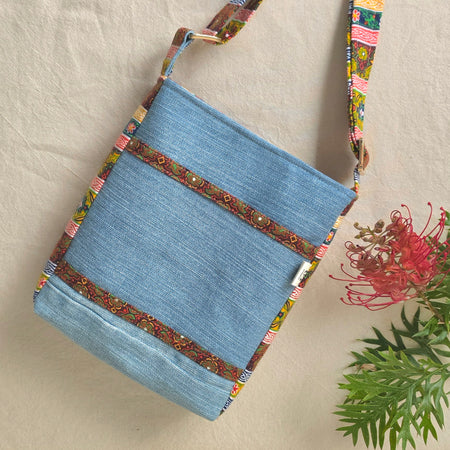 Upcycled Crossbody Denim Jeans bag made with 100% Pre-loved fabrics