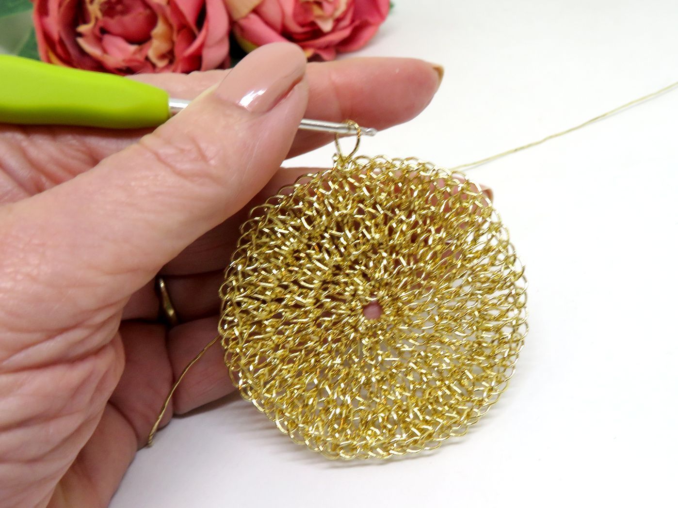 Bespoke Handmade Gold Shimmer Crochet Ripple Pendant Choker Necklace