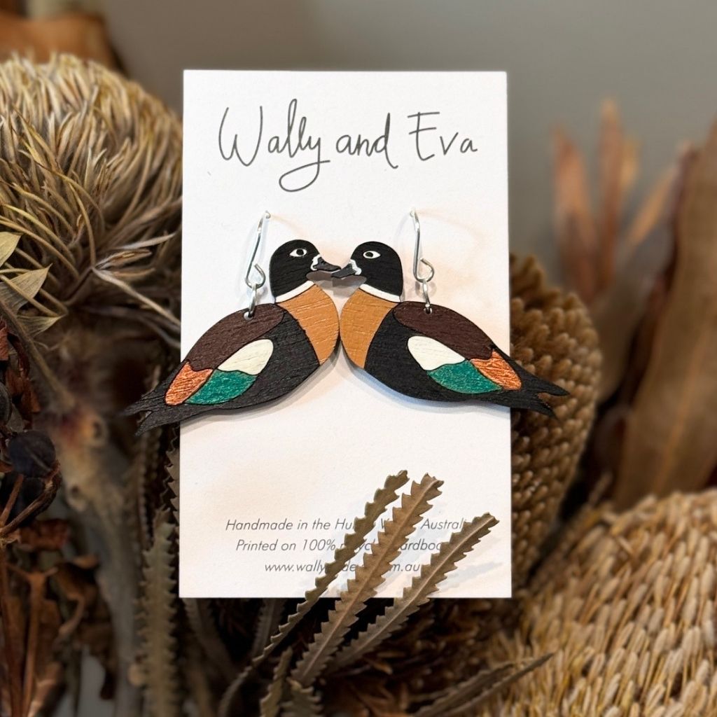 Australian Shelduck Hand Painted Wood Sterling Silver Earrings