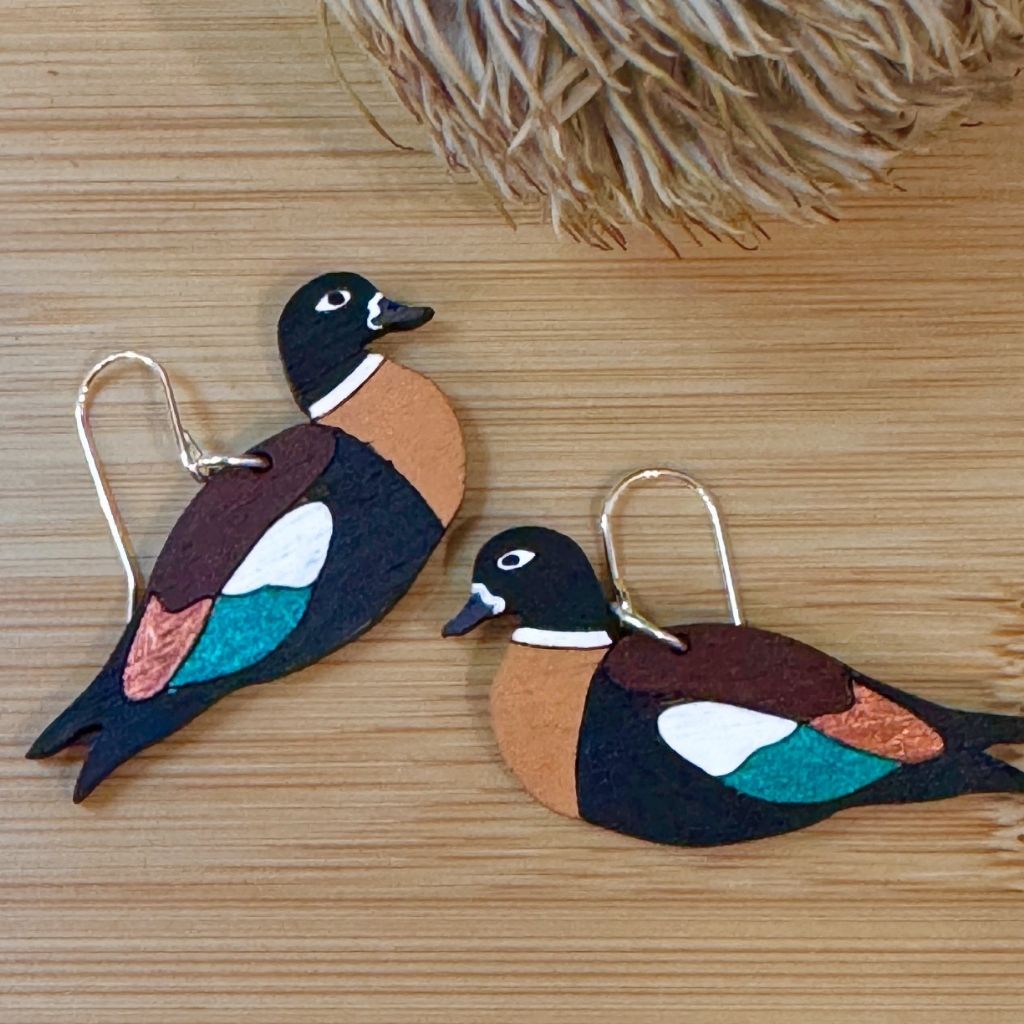 Australian Shelduck Hand Painted Wood Sterling Silver Earrings